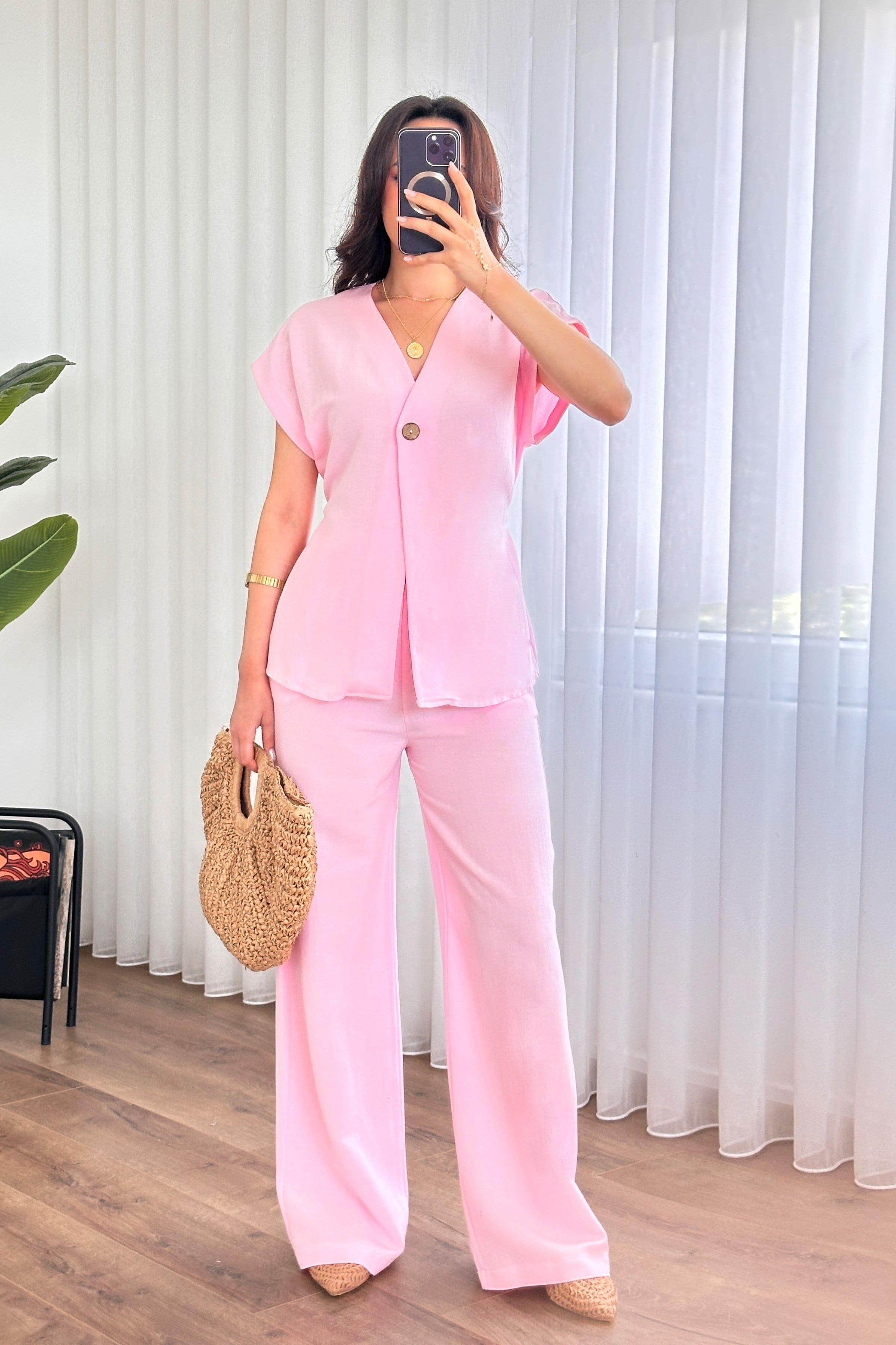 Tek Düğme Beli Bağlamalı Keten Toptan Pembe İkili Takım