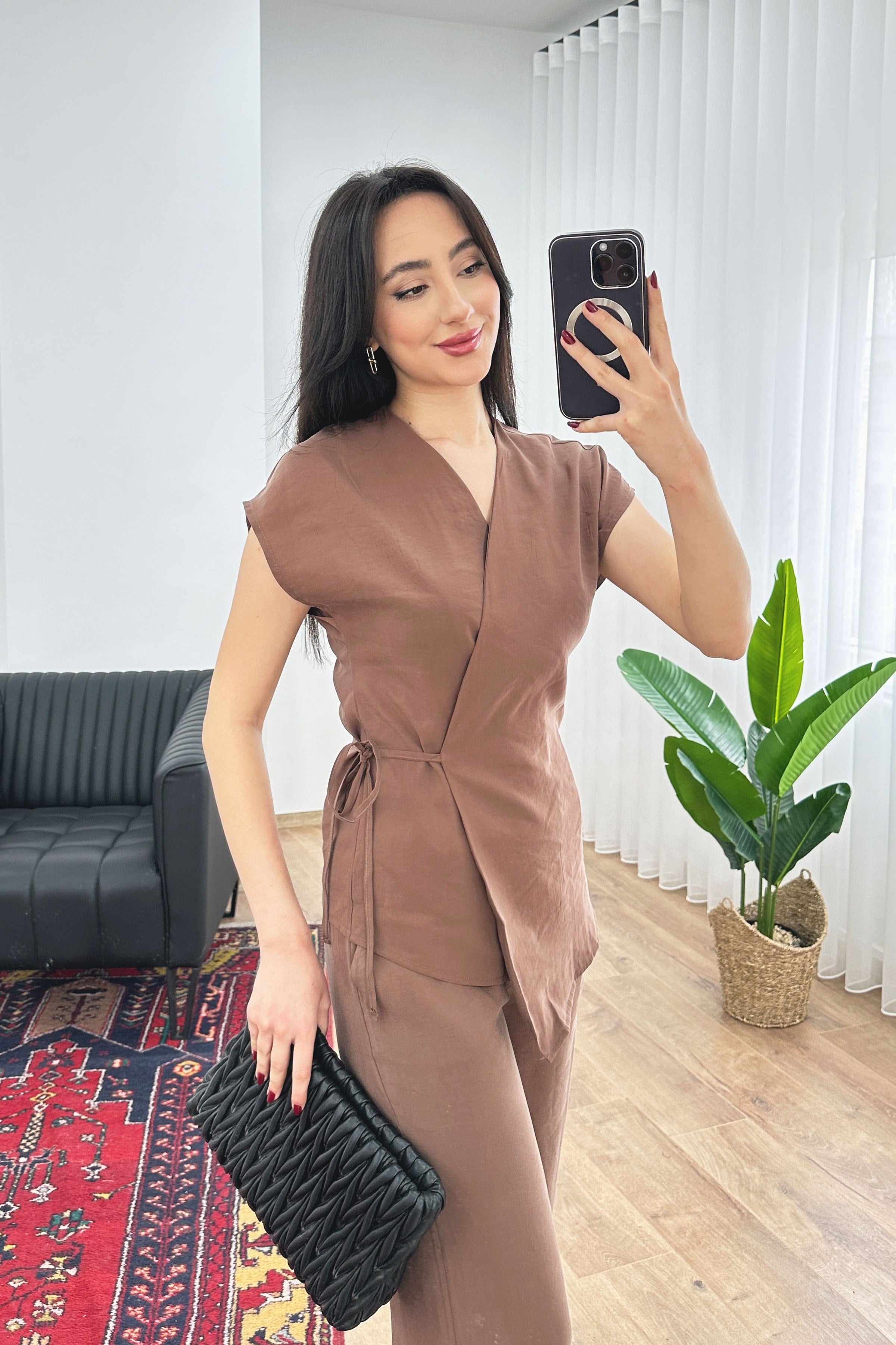 Modal Tek Düğme Kapamalı Oversize Camel Toptan Takım