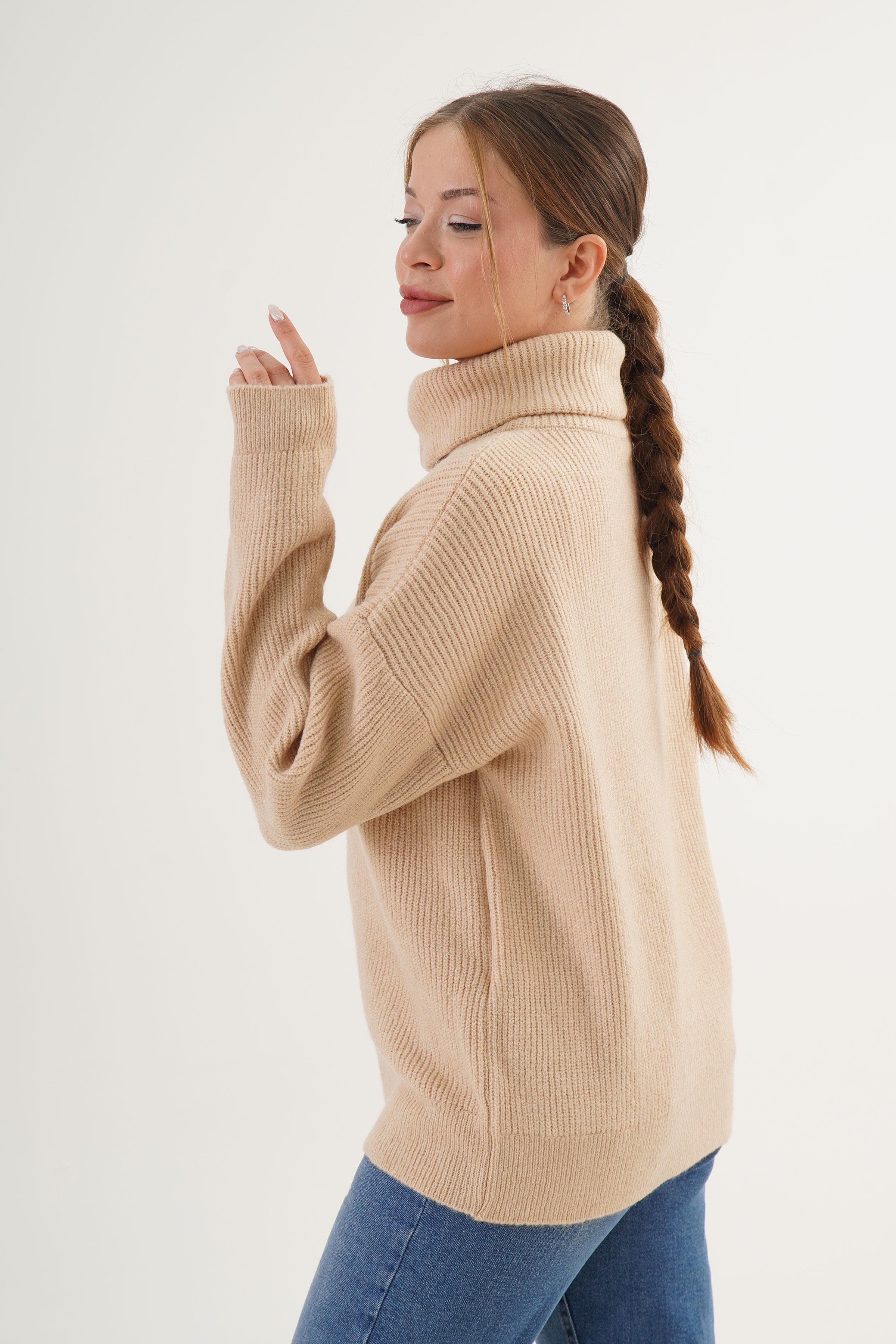 Fermuar Yakalı Selanik Örme Camel Toptan Kazak