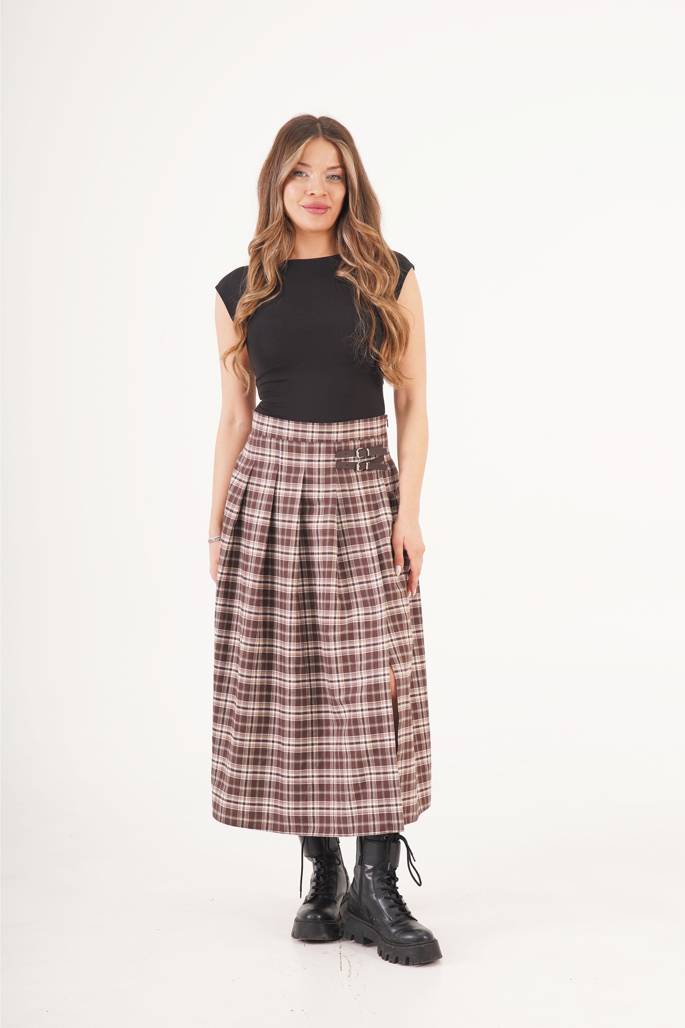 Kemer Detaylı Yan Yırtmaçlı Kahve Ekose Toptan Uzun Etek