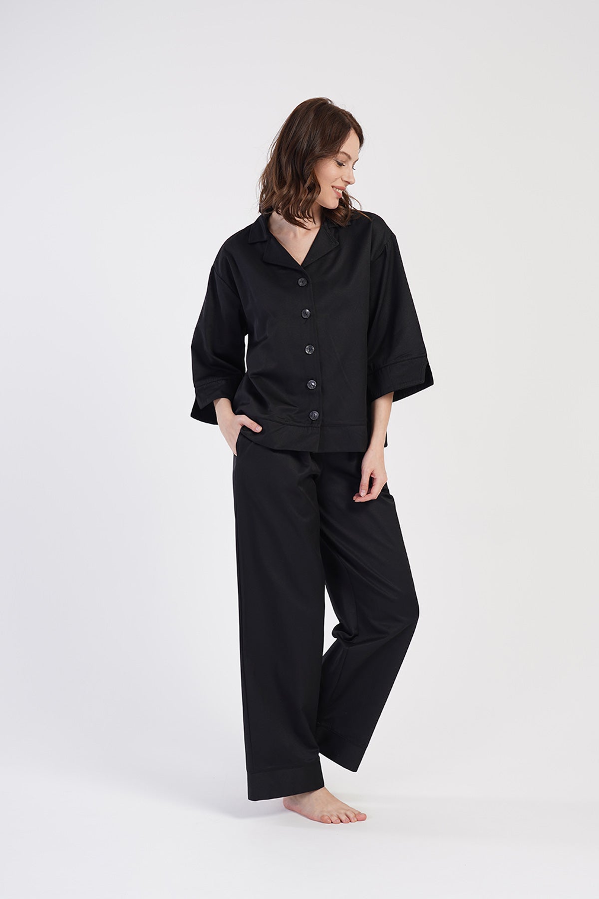 KADIN OXFORD GOMLEK YAKA TAMAMI DUGMELI 7/8KOL CEPLI PIJAMA TAKIM