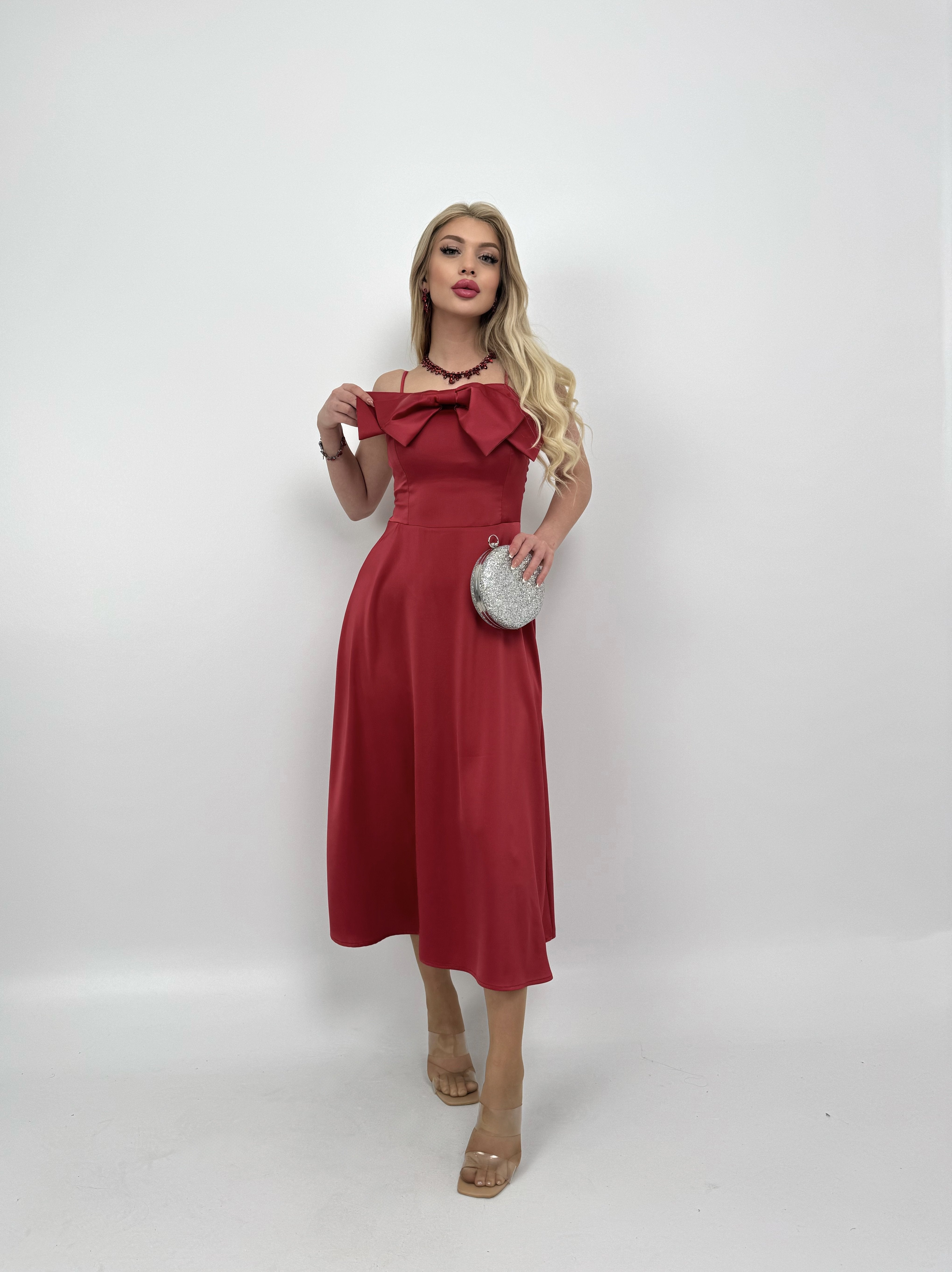 4015 ÖN KURDELA MİDİ ELBİSE