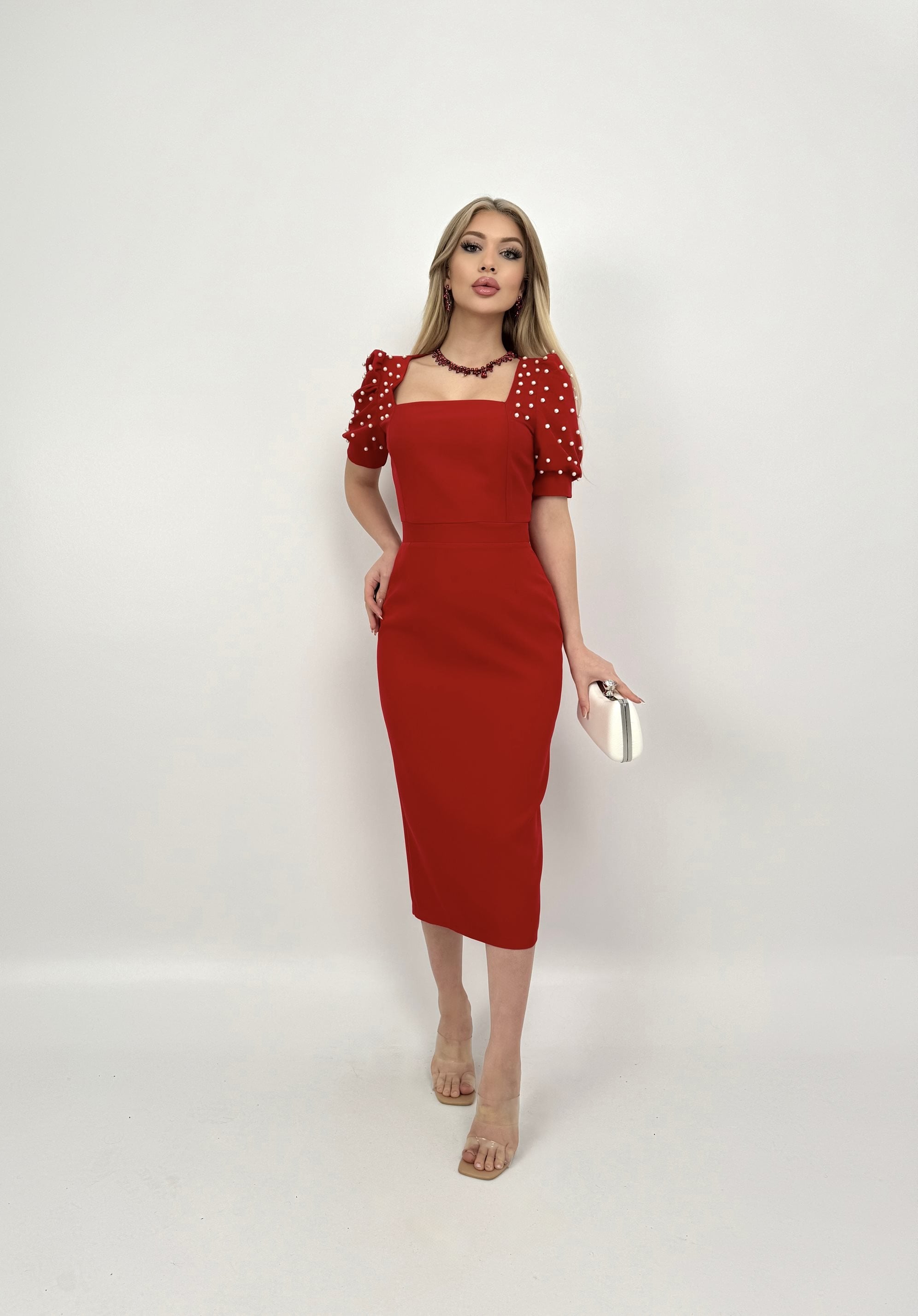 4027 Pearl-Embellished Puff Sleeve Midi Dress