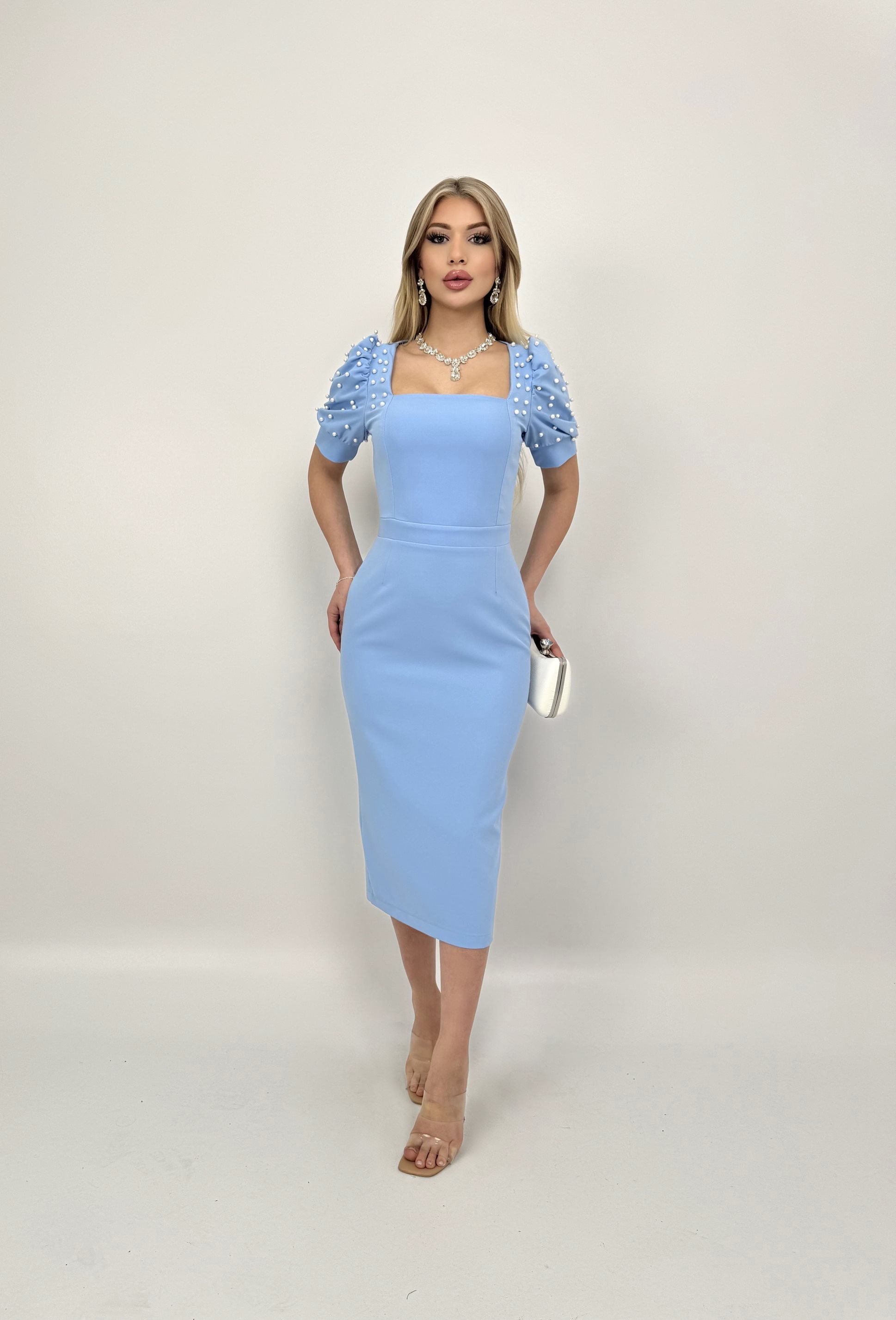 4027 Pearl-Embellished Puff Sleeve Midi Dress