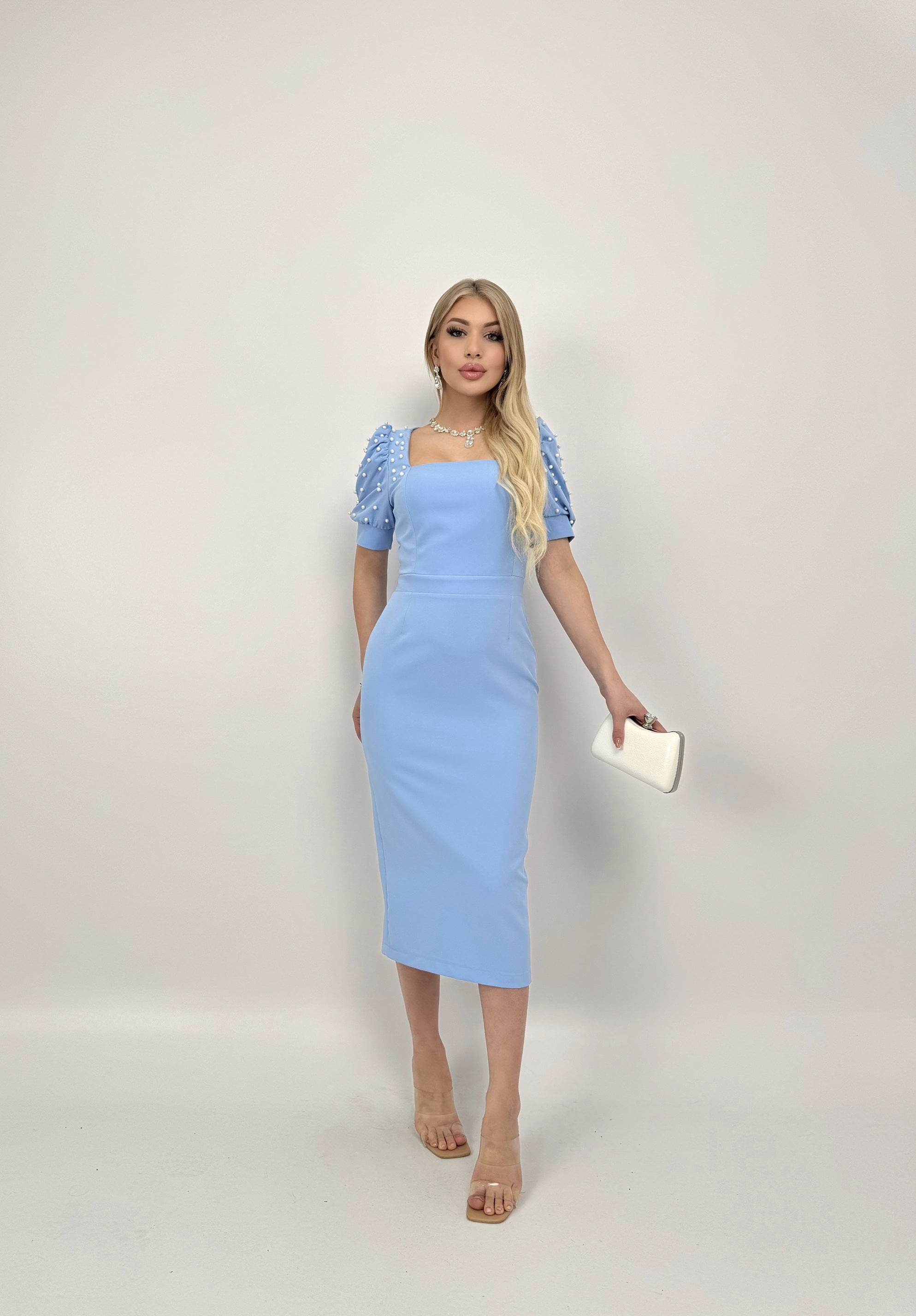 4027 Pearl-Embellished Puff Sleeve Midi Dress