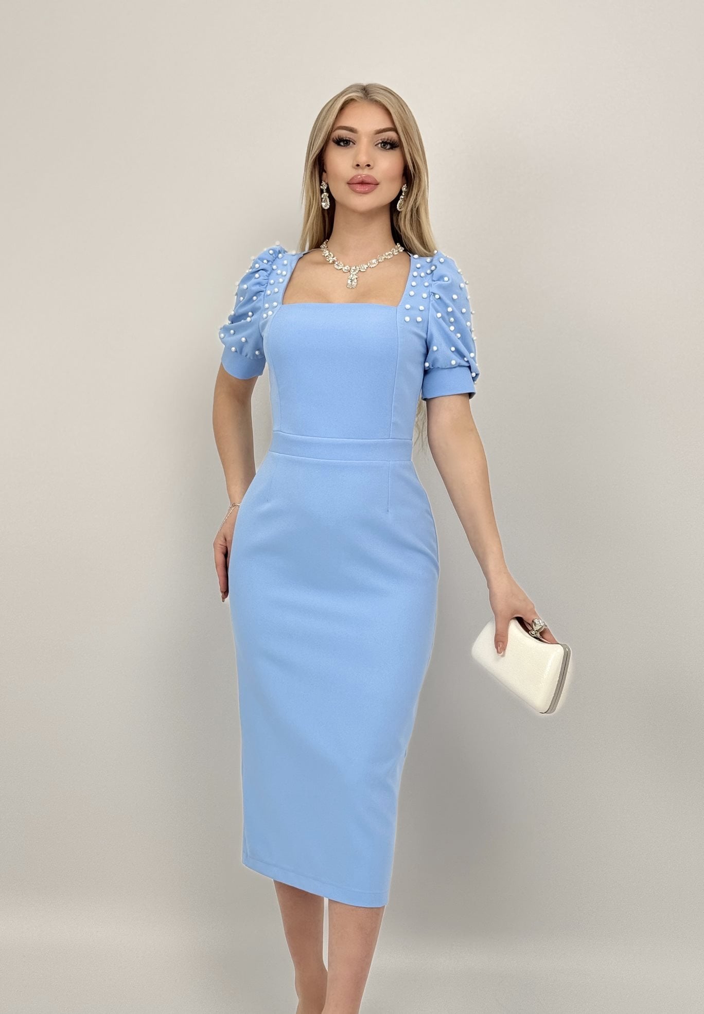 4027 Pearl-Embellished Puff Sleeve Midi Dress