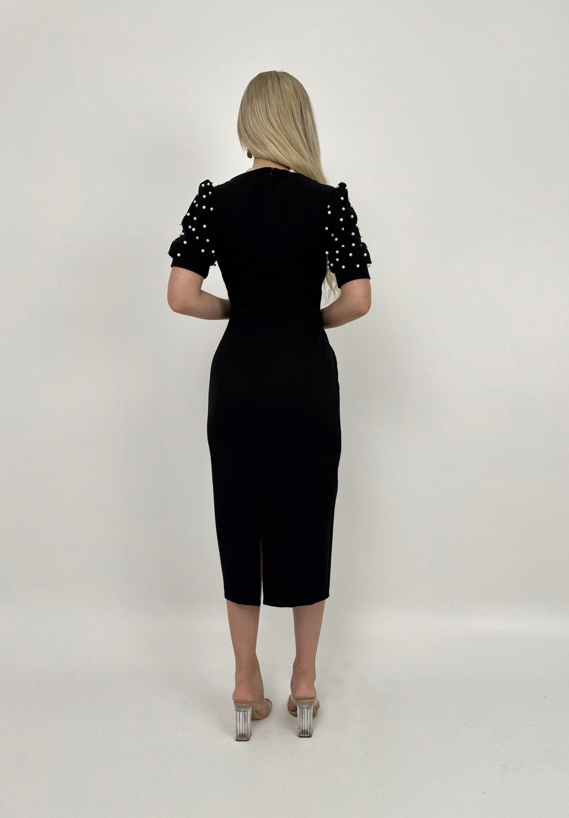 4027 Pearl-Embellished Puff Sleeve Midi Dress