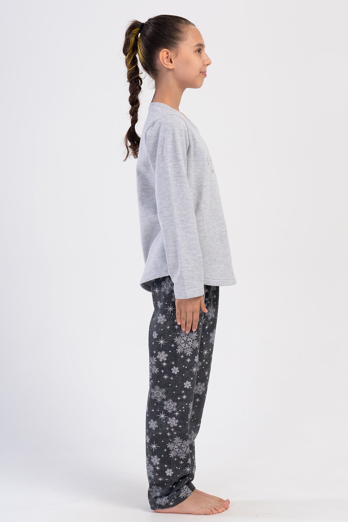 KIZ COCUK 2IPLIK MANSETLI O YAKA UZUN KOL ETEGI OVAL PIJAMA TAKIM(7-8/13-14) - GRAY MELANGE