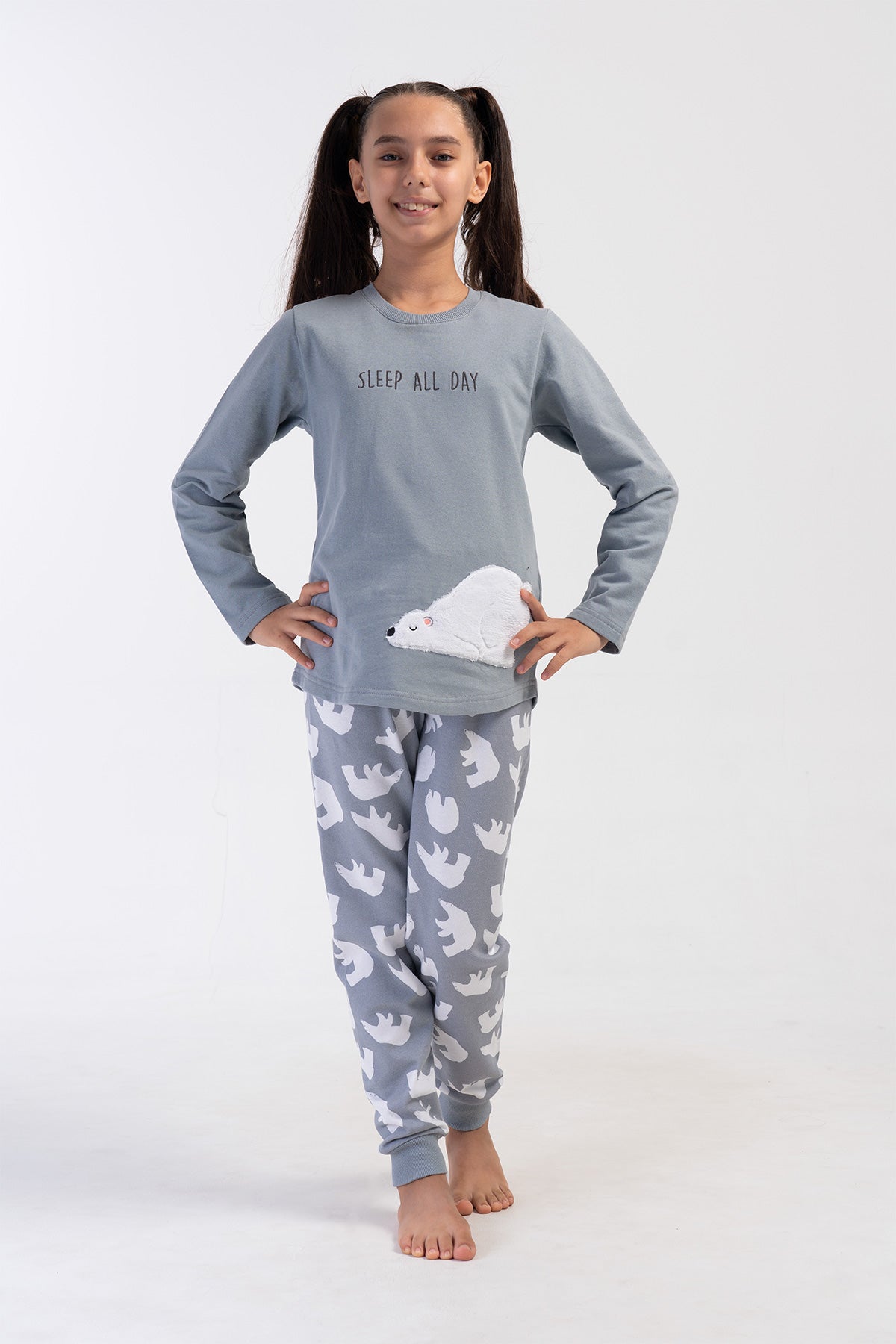 KIZ COCUK 2IPLIK O YAKA UZUN KOL ETEGI OVAL MANSETLI PIJAMA TAKIM(9-10/15-16) - TAS