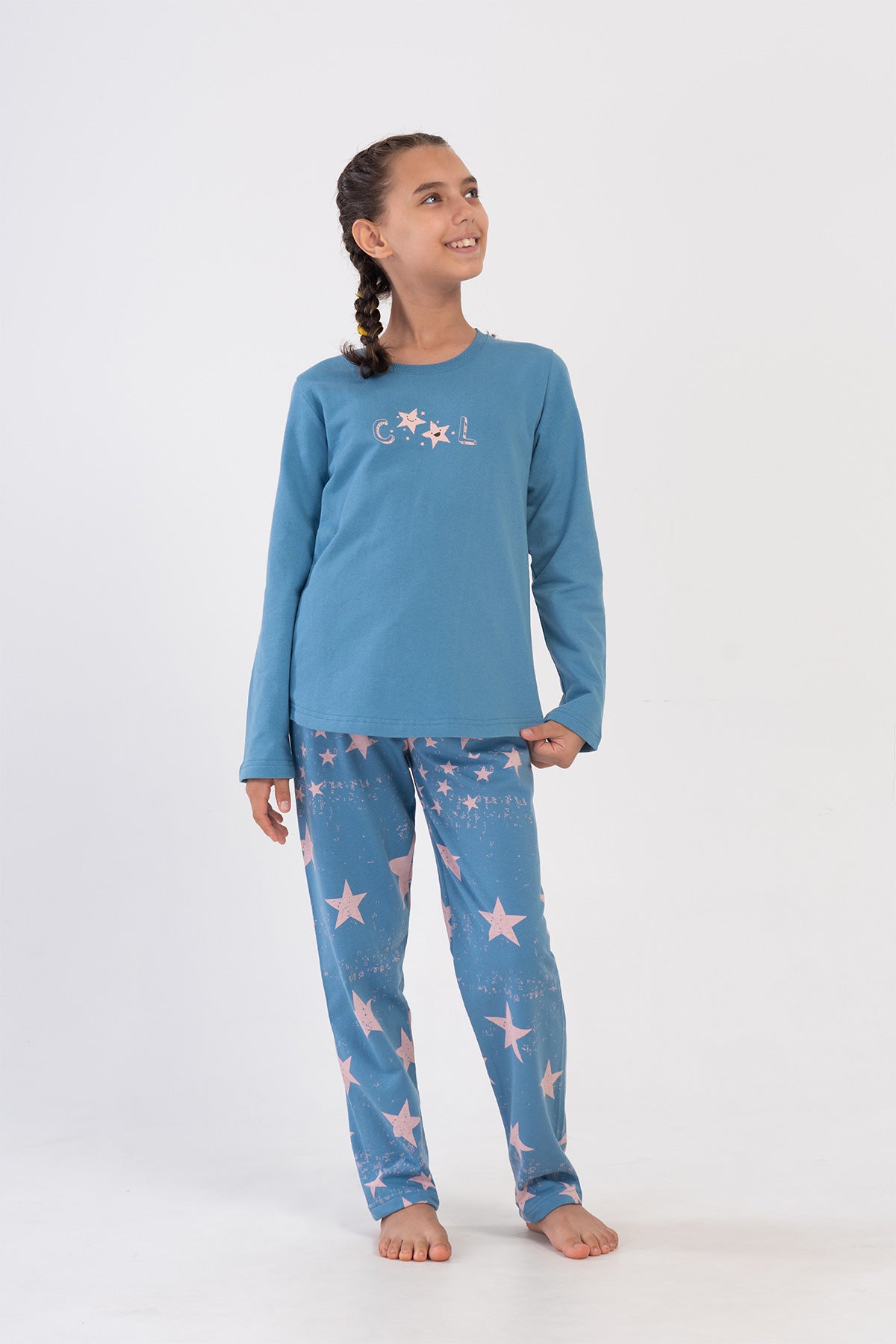 KIZ COCUK 2IPLIK O YAKA UZUN KOL ETEGI OVAL PIJAMA TAKIM(9-10/15-16) - AÇIK LACIVERT