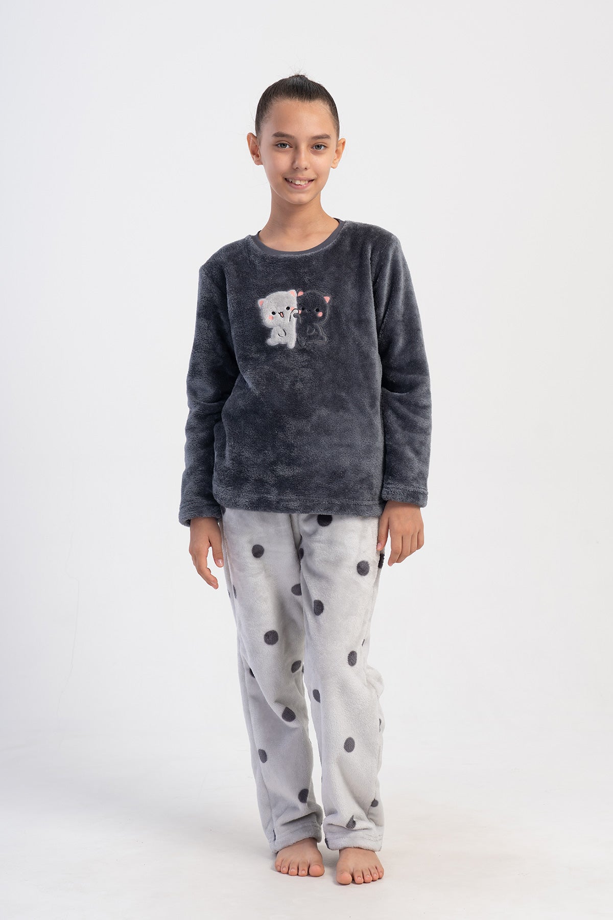 KIZ COCUK SOFT O YAKA UZUN KOL ETEGI OVAL CEPLI PIJAMA TAKIM(7-8/15-16) - FUME