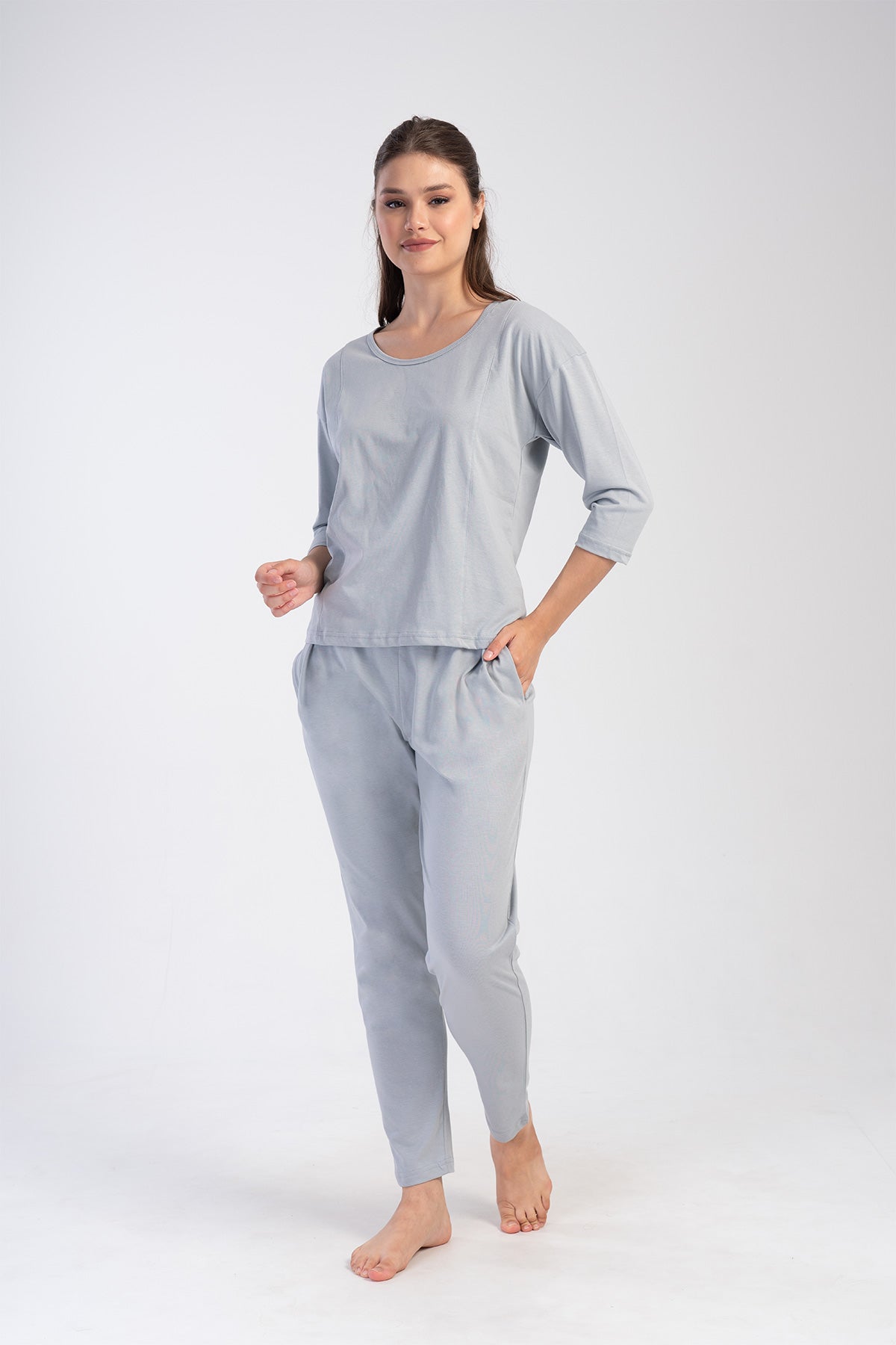 KADIN P.SUPREM O YAKA DUSUK OMUZLU 3/4KOL PILELI CEPLI PIJAMA TAKIM