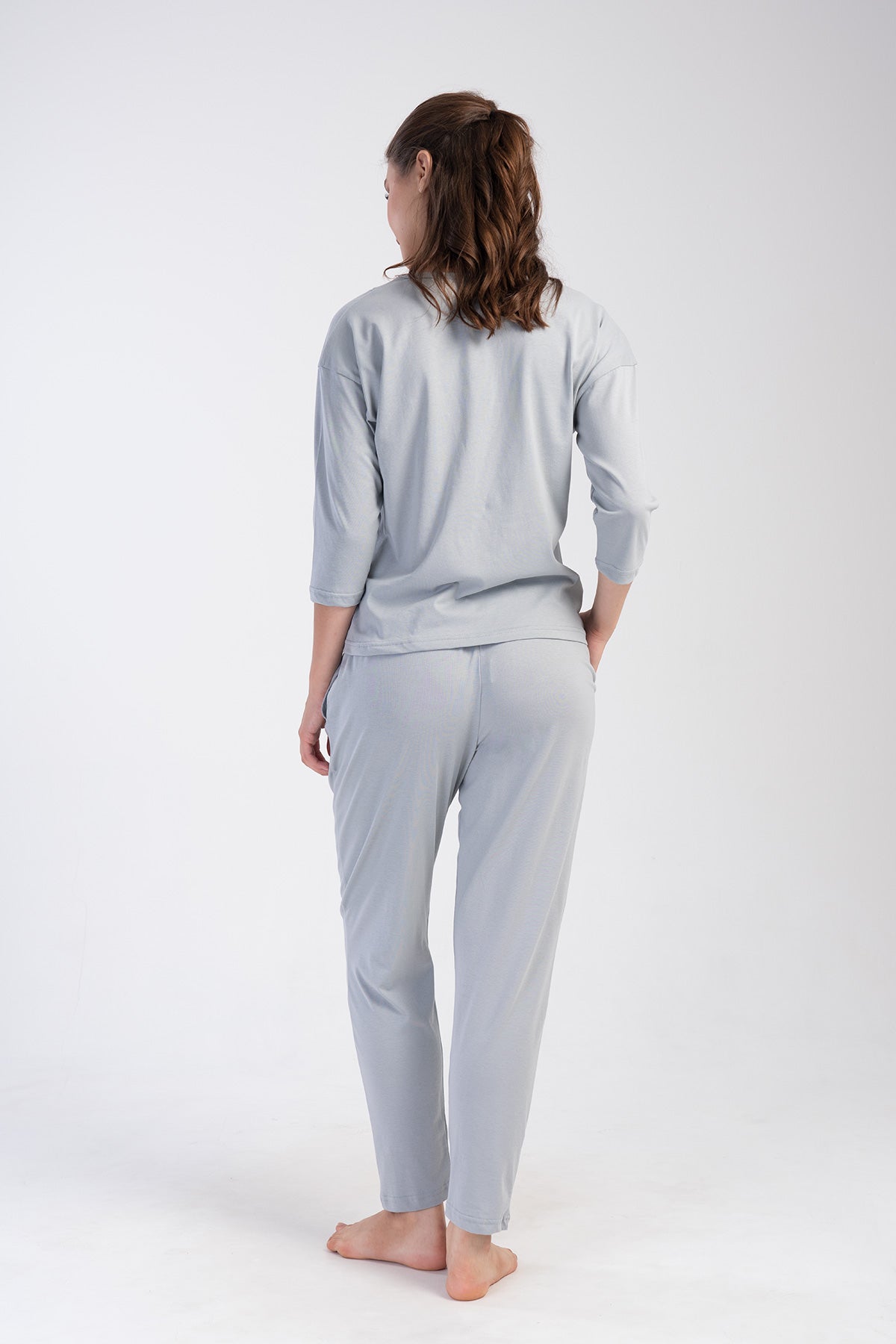 KADIN P.SUPREM O YAKA DUSUK OMUZLU 3/4KOL PILELI CEPLI PIJAMA TAKIM - GRI