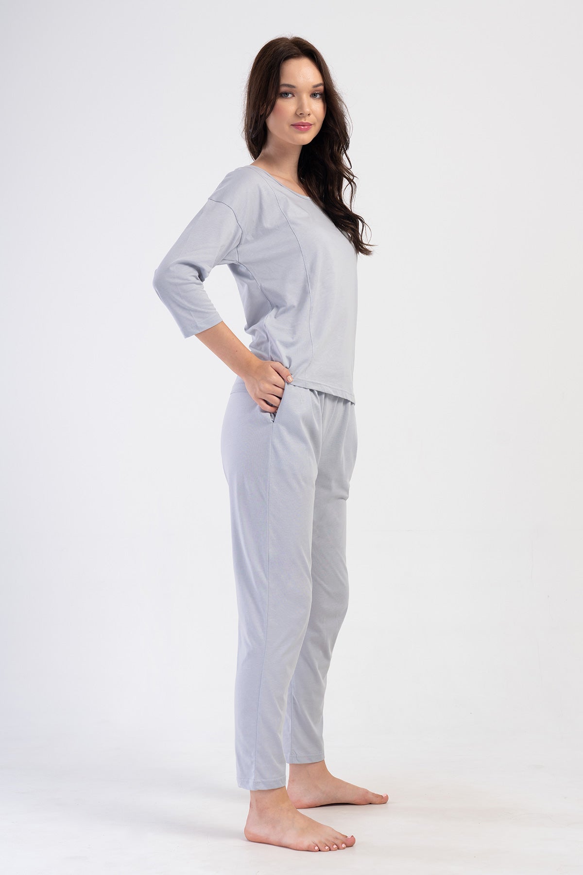 KADIN P.SUPREM O YAKA DUSUK OMUZLU 3/4KOL PILELI CEPLI PIJAMA TAKIM - TAS