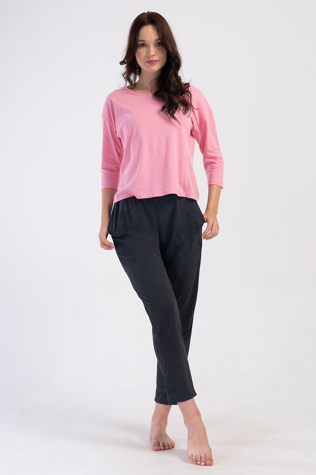KADIN P.SUPREM O YAKA DUSUK OMUZLU 3/4KOL PILELI CEPLI PIJAMA TAKIM - PINK