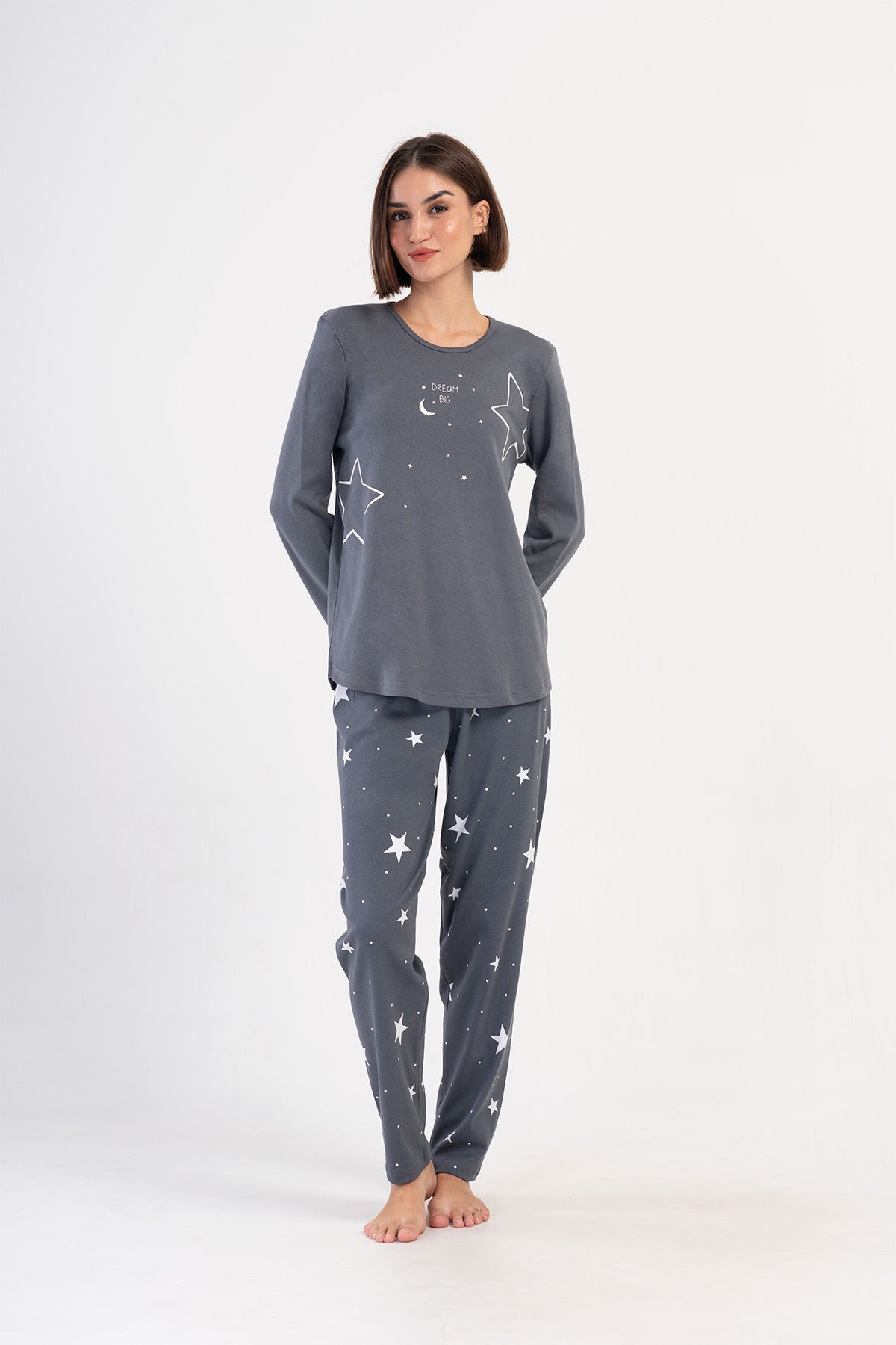 KADIN INTERLOK XXL O YAKA UZUN KOL ETEGI OVAL PIJAMA TAKIM - FUME