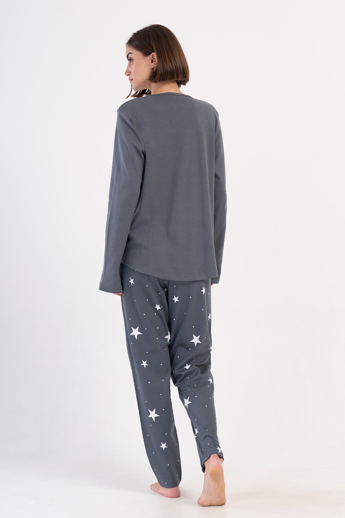 KADIN INTERLOK XXL O YAKA UZUN KOL ETEGI OVAL PIJAMA TAKIM - FUME