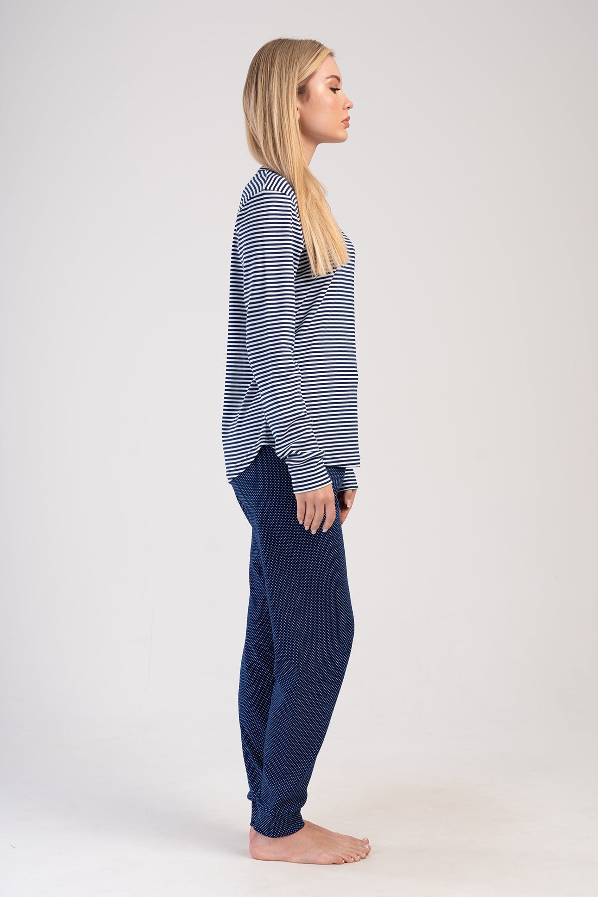 KADIN INTERLOK O YAKA UZUN KOL ETEGI OVAL MANSETLI PIJAMA TAKIM - INDIGO