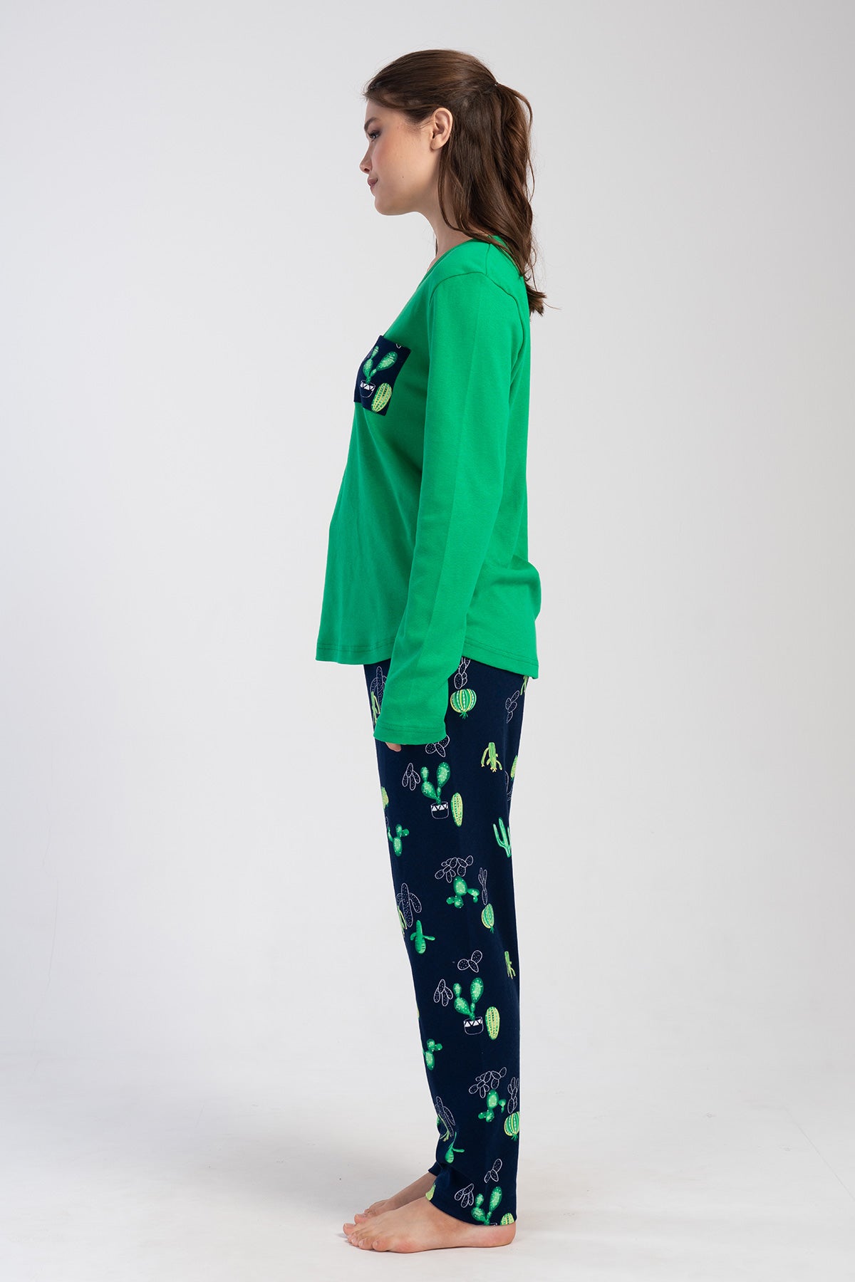 KADIN INTERLOK XXL O YAKA UZUN KOL ETEGI OVAL PIJAMA TAKIM - YESIL