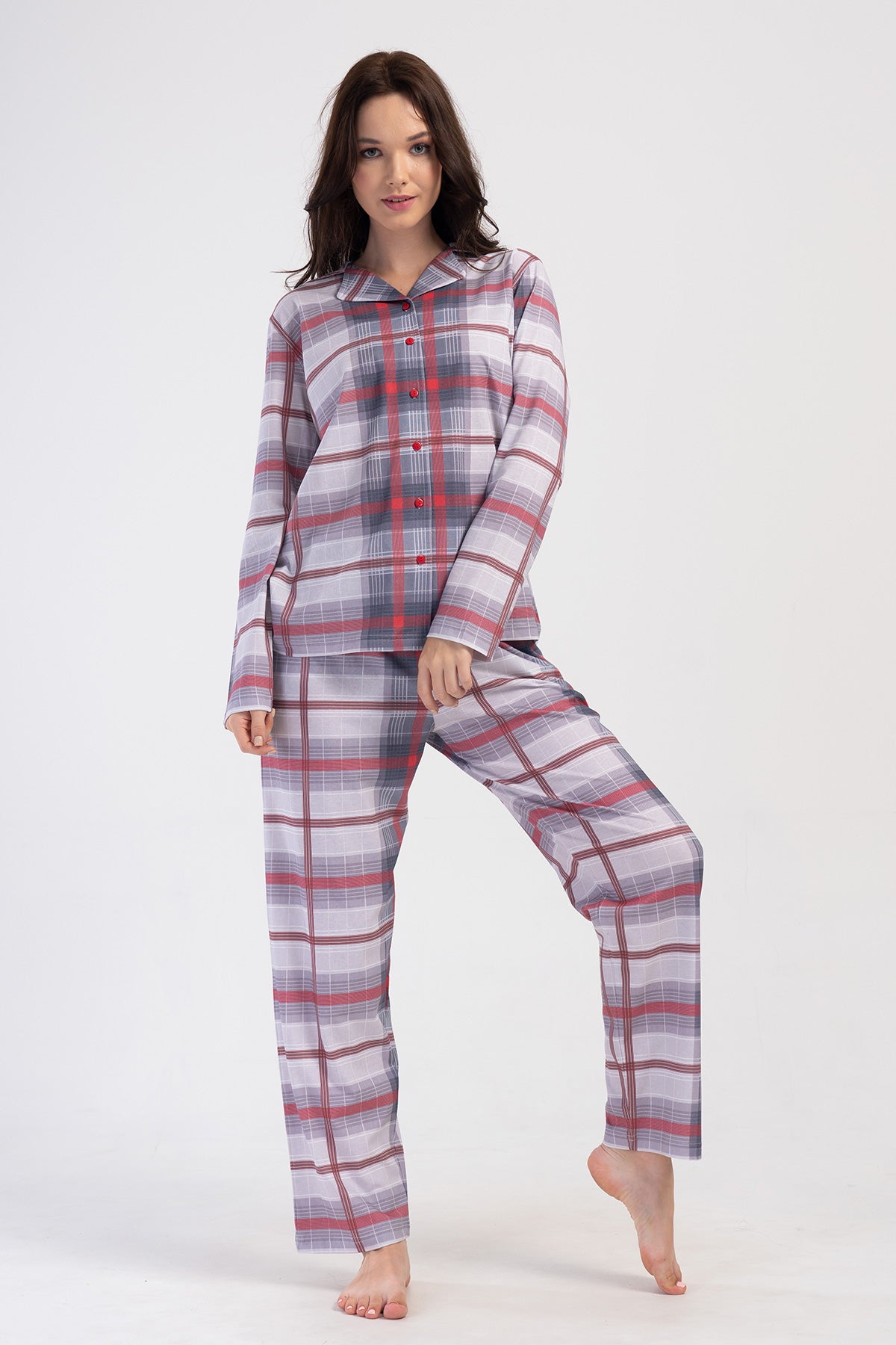 KADIN P.SUPREM XXL GOMLEK YAKA TAMAMI DUGMELI UZUN KOL ETEGI OVAL CEPLI PIJAMA TAKIM - GRI