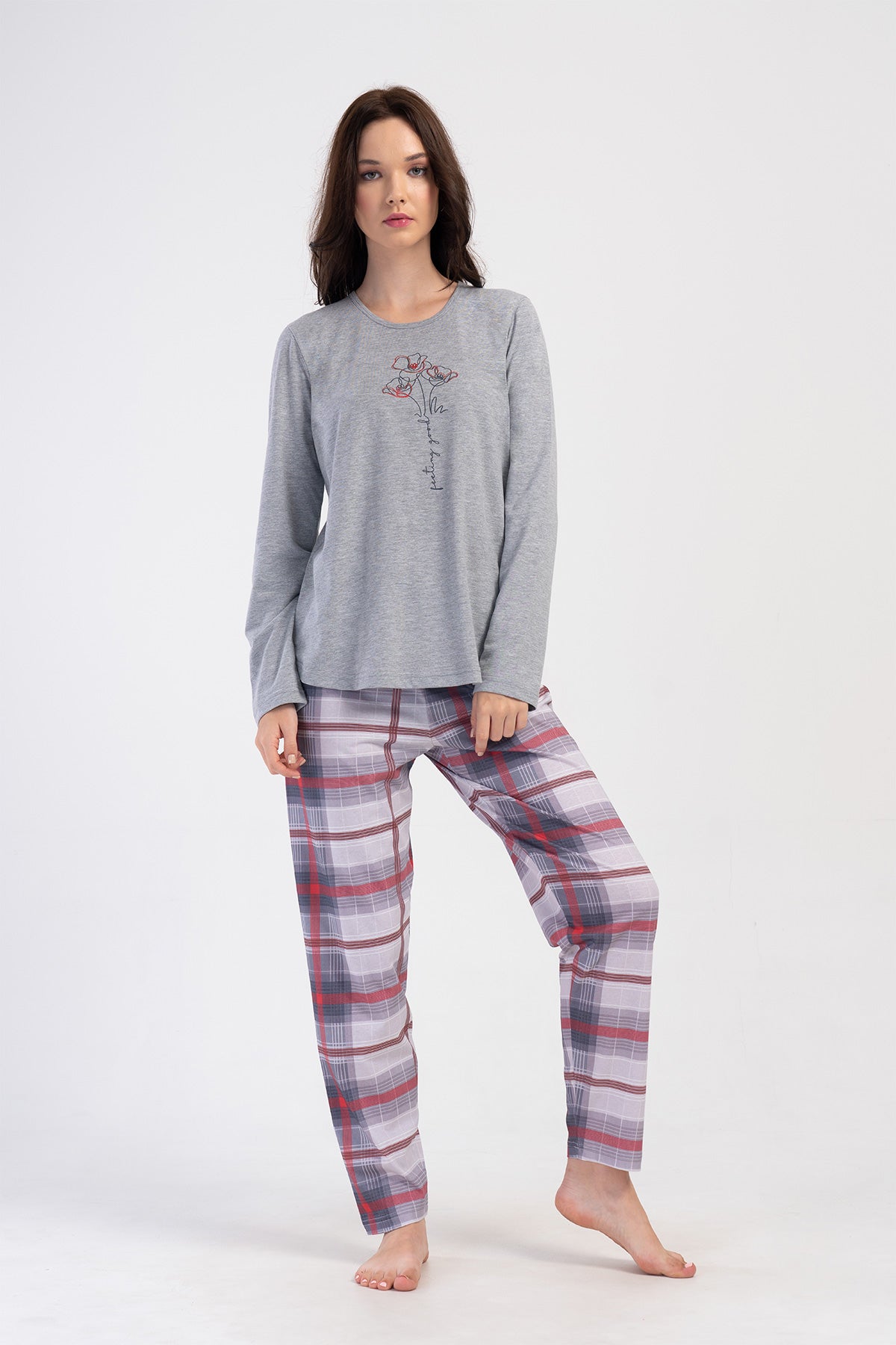 KADIN P.SUPREM XXL O YAKA UZUN KOL ETEGI OVAL PIJAMA TAKIM - GRAY MELANGE