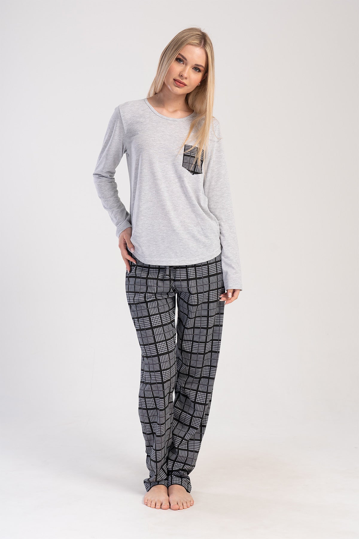 KADIN P.SUPREM O YAKA UZUN KOL ETEGI OVAL CEPLI PIJAMA TAKIM