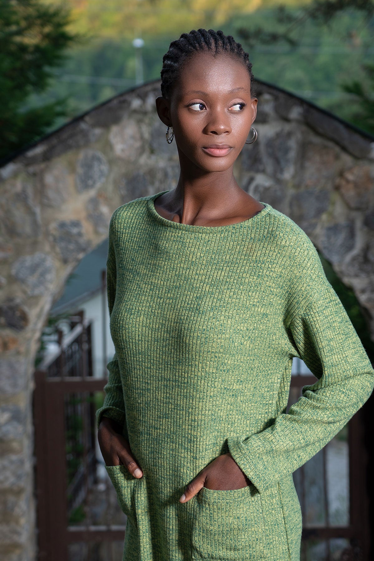 KADIN LYC KASKORSE KAYIK YAKA DUSUK OMUZLU UZUN KOL CEPLI ELBISE