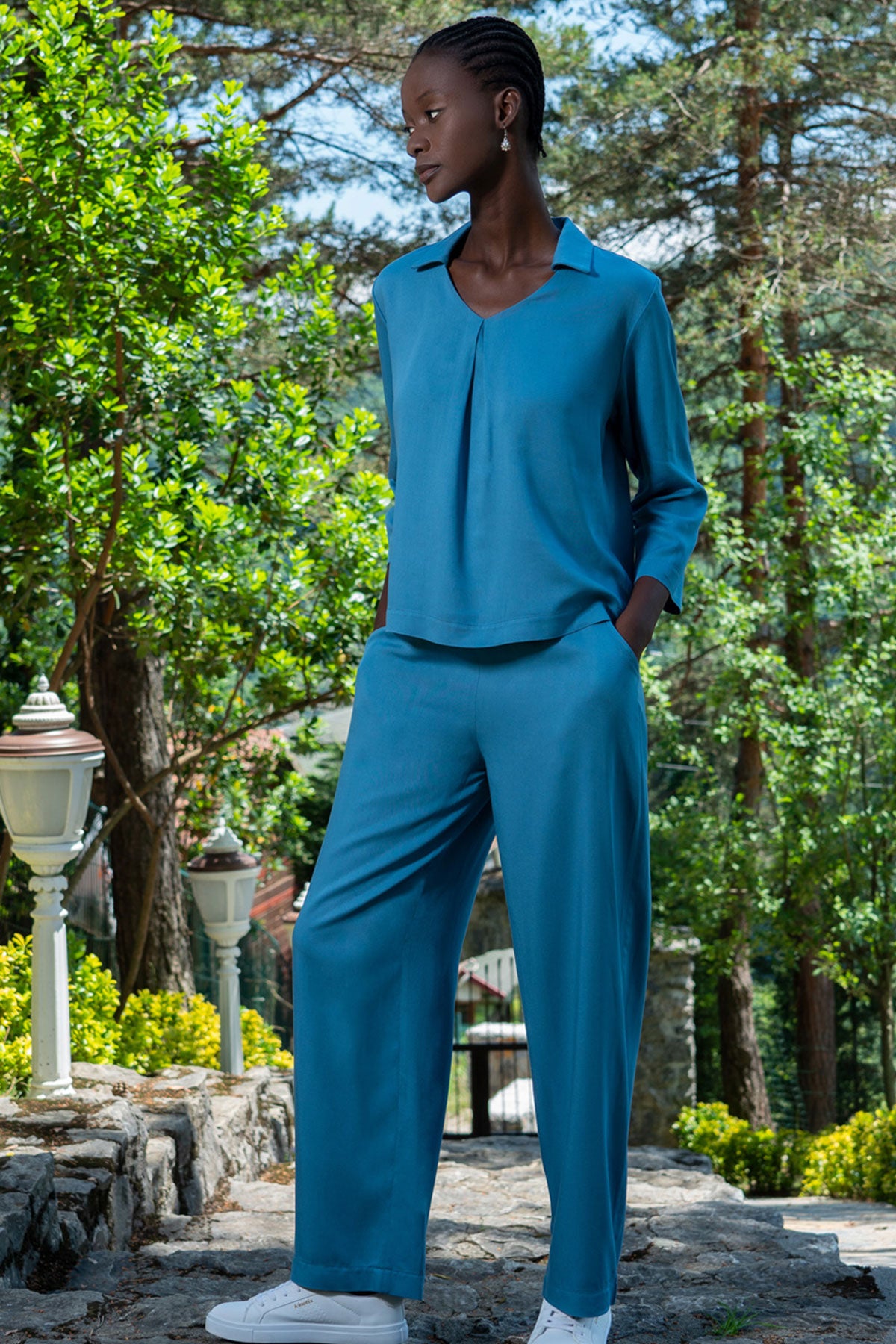 KADIN VISCON GOMLEK V YAKA 7/8KOL PILILI CEPLI PANTOLON TAKIM