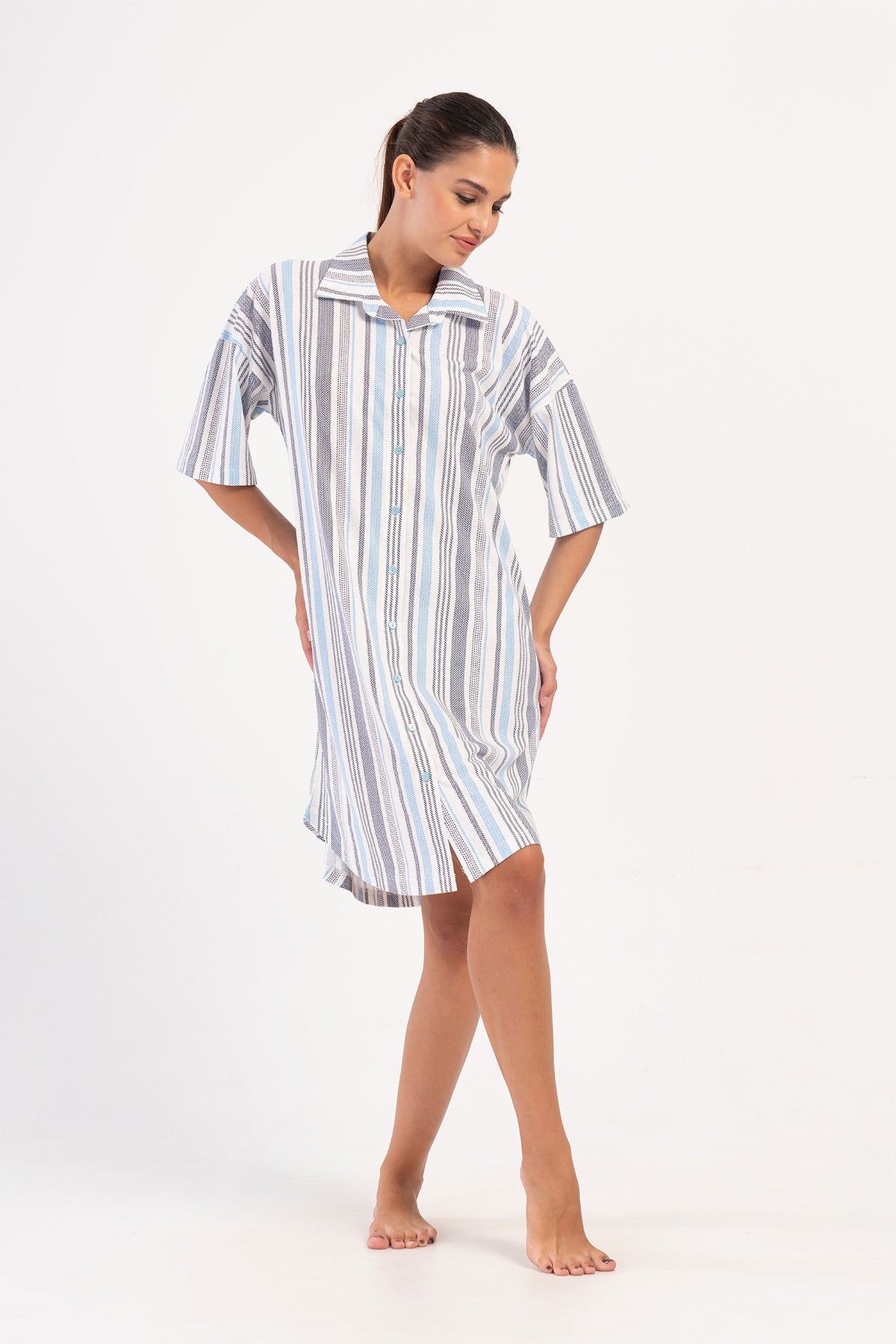 KADIN P.SUPREM DUSUK OMUZLU GOMLEK YAKA KISA KOL ETEGI OVAL GOMLEK TUNIK