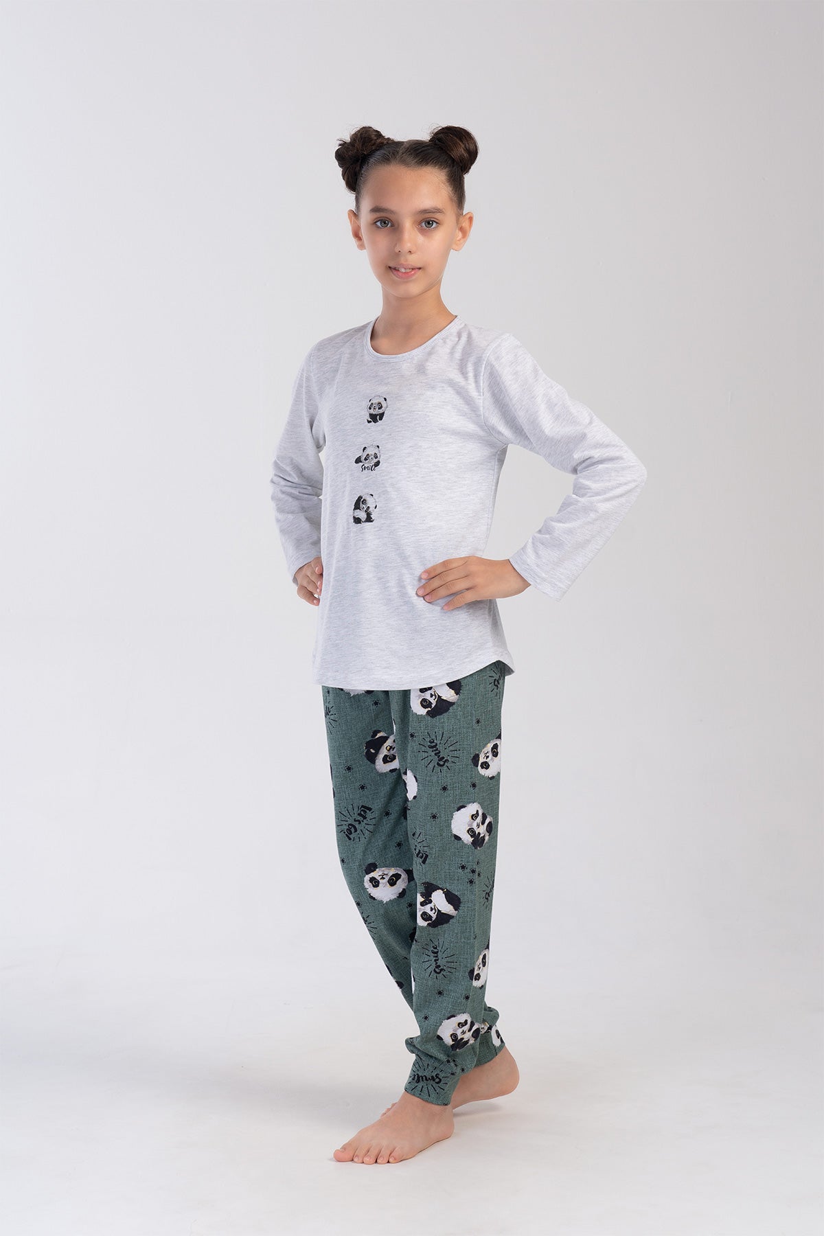 KIZ COCUK P.SUPREM O YAKA UZUN KOL ETEGI OVAL MANSETLI PIJAMA TAKIM(7-8/13-14) - GRAY MELANGE