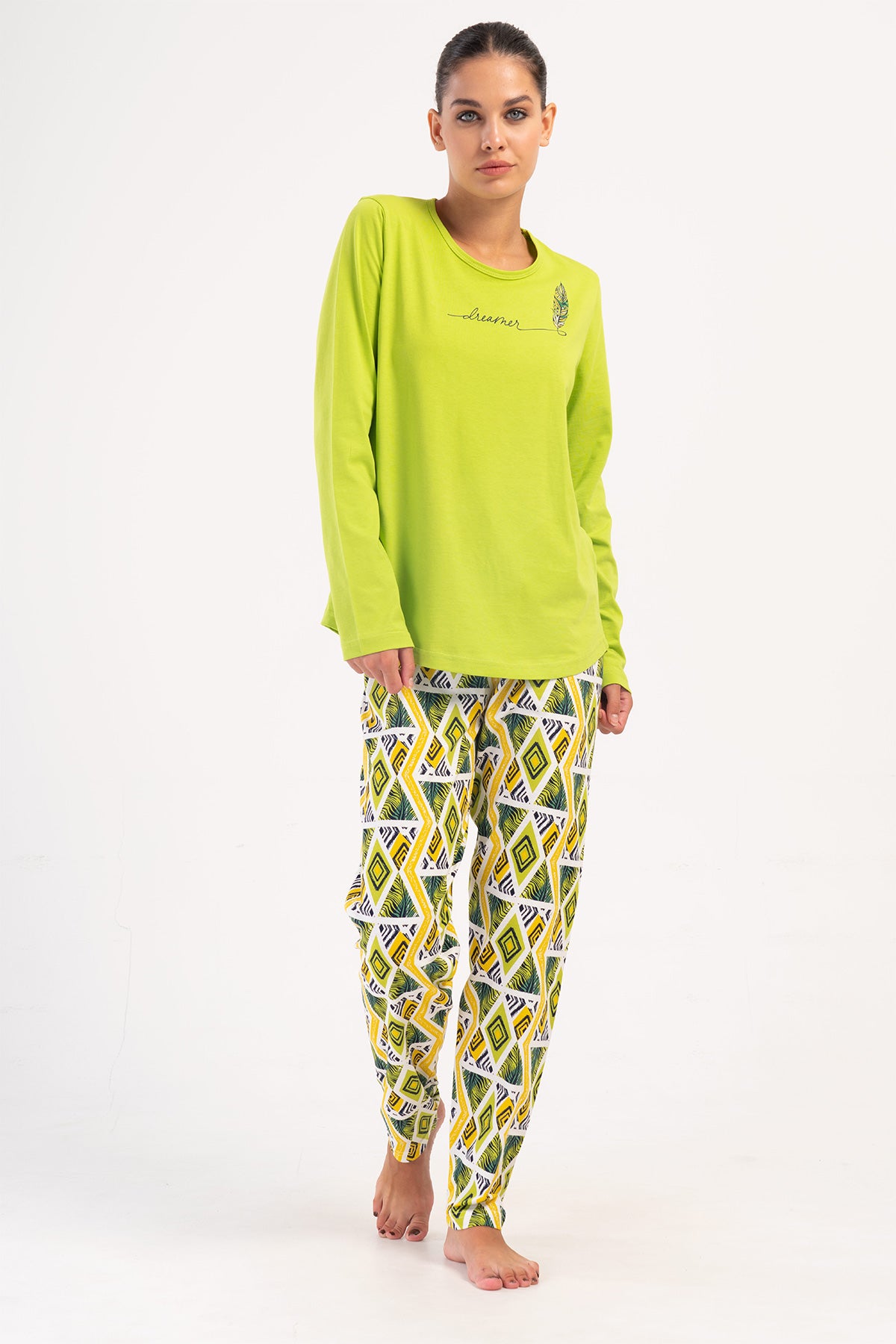 KADIN P.SUPREM XXL O YAKA UZUN KOL ETEGI OVAL PIJAMA TAKIM - YESIL