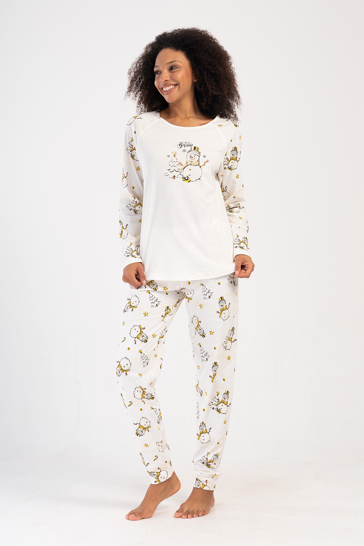 KADIN P.SUPREM XXL O YAKA REGLAN UZUN KOL ETEGI OVAL MANSETLI PIJAMA TAKIM - KREM