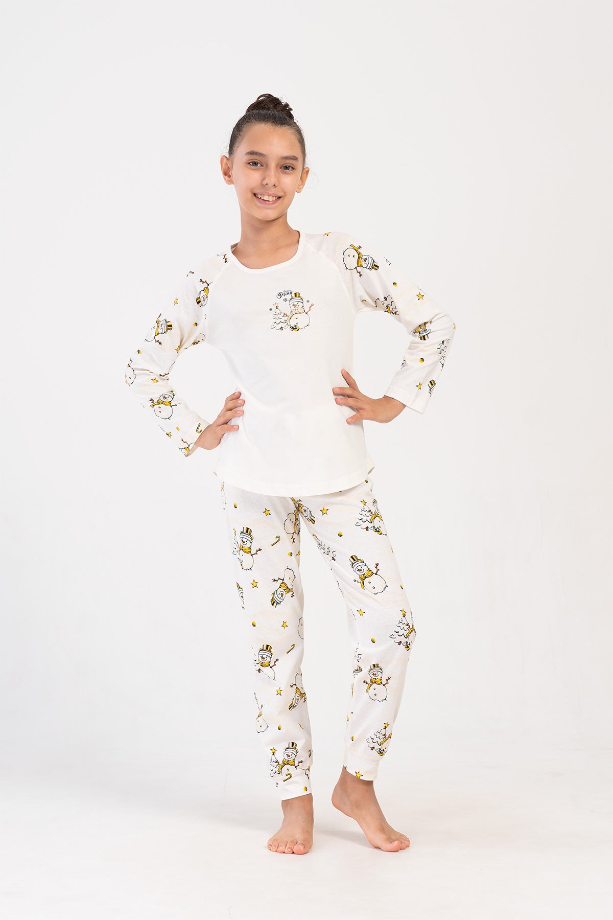 KIZ COCUK P.SUPREM O YAKA REGLAN UZUN KOL ETEGI OVAL MANSETLI PIJAMA TAKIM(3-4/7-8) - KREM