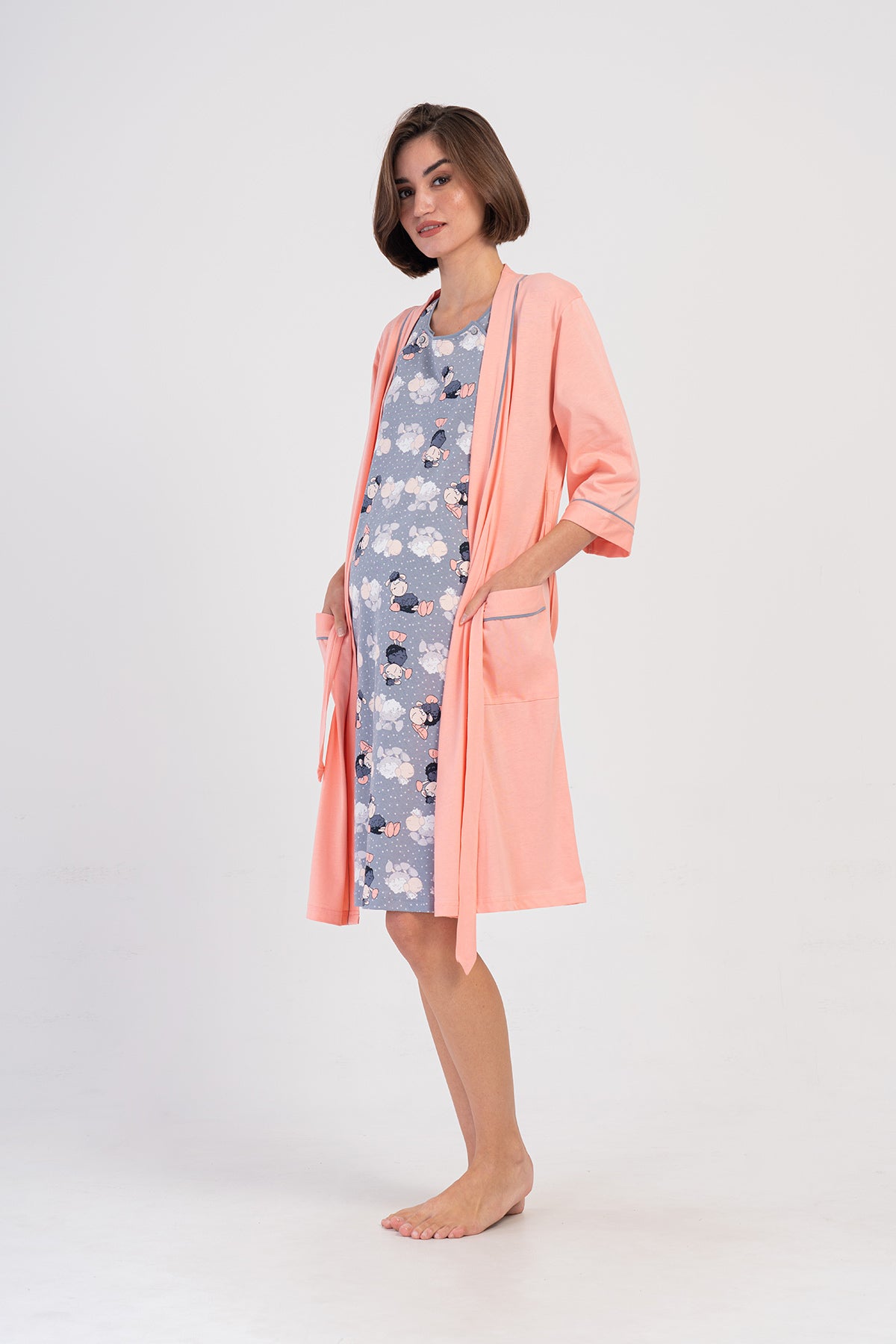 KADIN P.SUPREM CIFT PATLI KISA KOL HAMILE TUNIK+3/4KOL CEPLI SABAHLIK TAKIM - BABY PINK