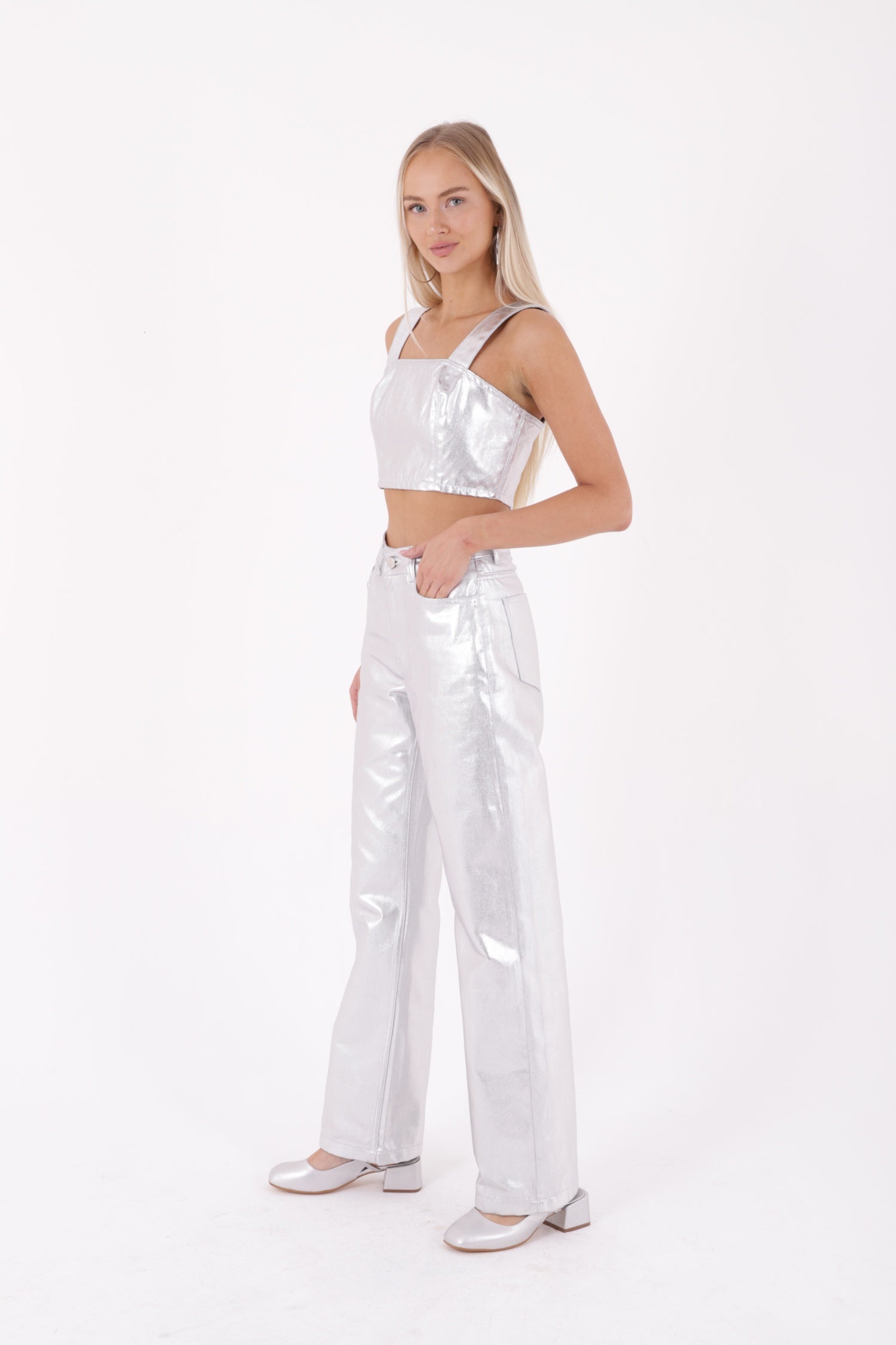 Fermuarlı Askılı Kot Büstiyer - Gümüş - (S-XL) - 3