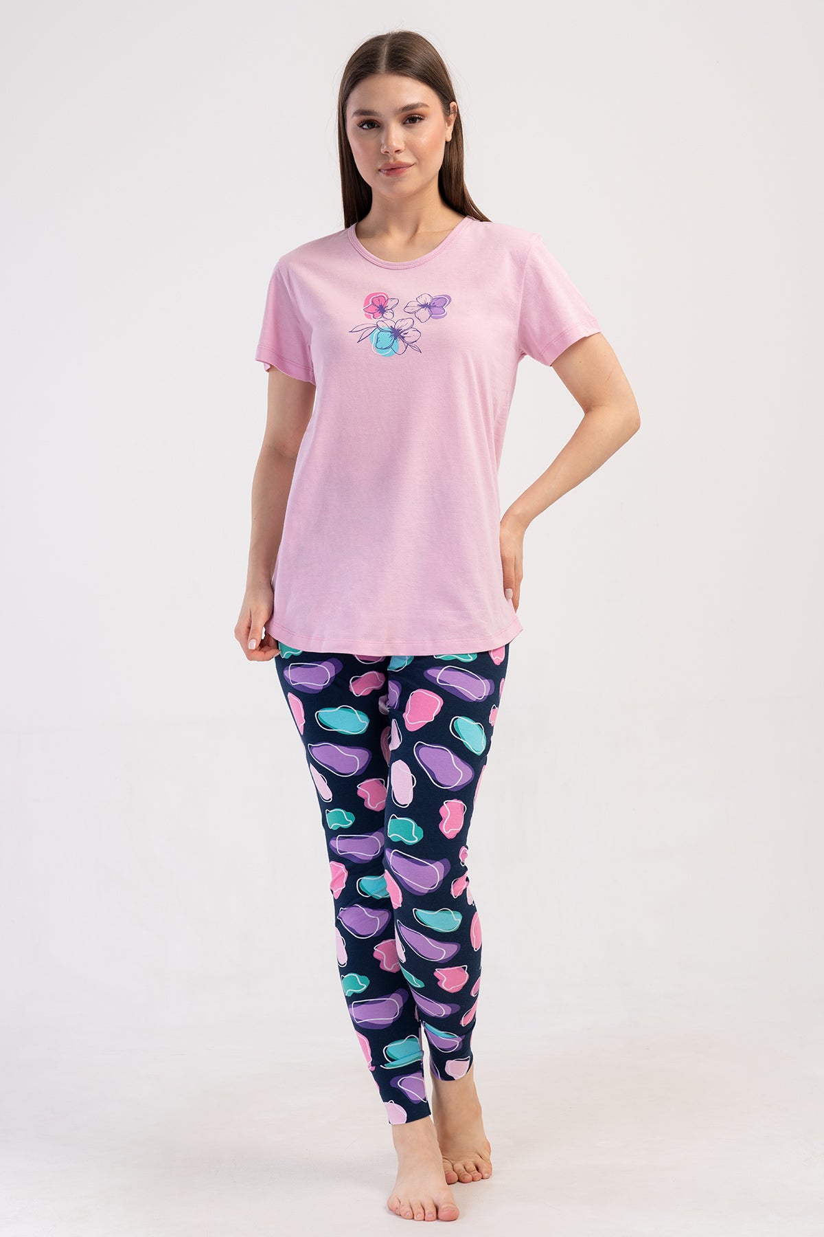 KADIN LYC SUPREM O YAKA KISA KOL BLUZU UZUN ETEGI OVAL MANSETLI TAYT PIJAMA TAKIM - PEMBE