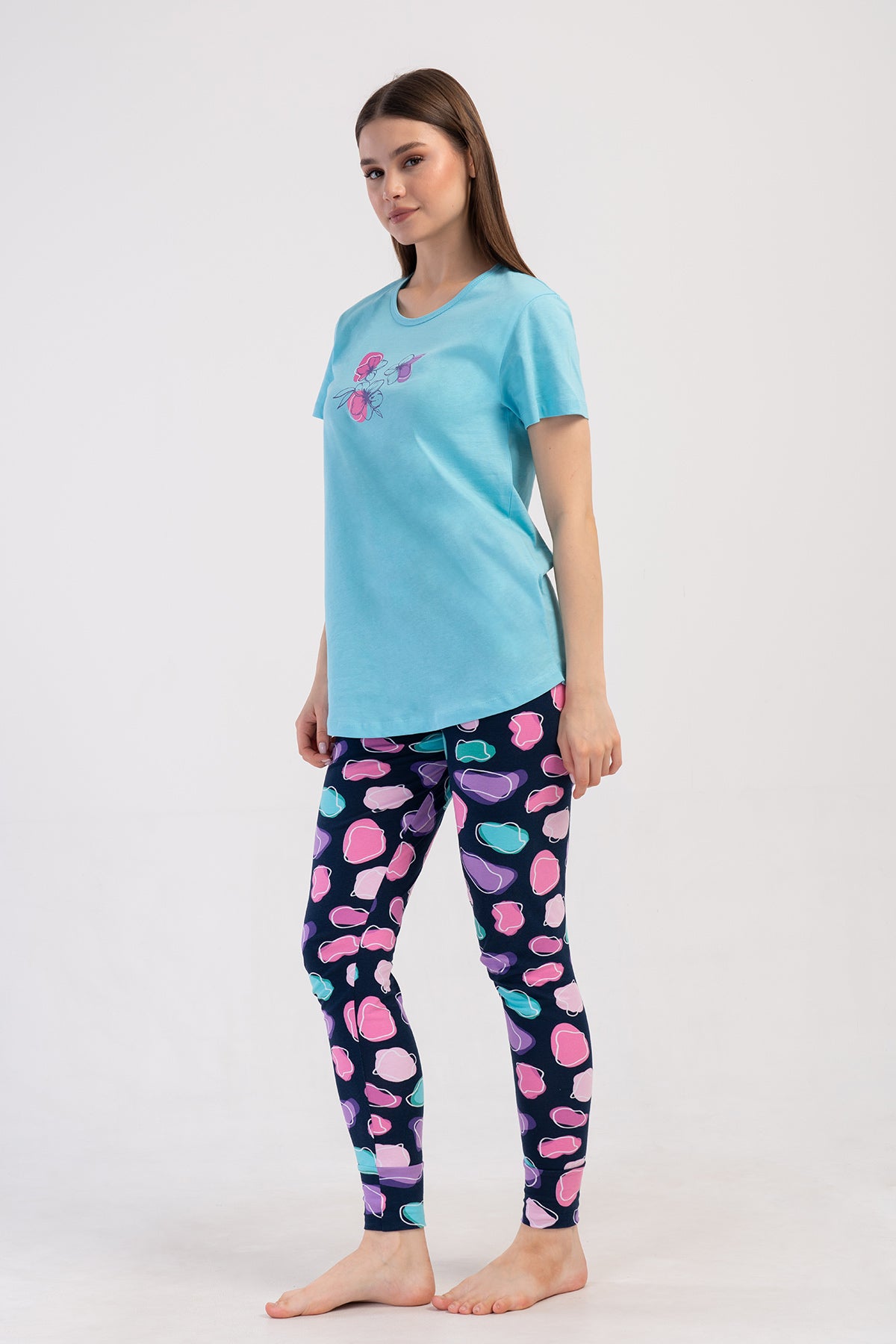 KADIN LYC SUPREM O YAKA KISA KOL BLUZU UZUN ETEGI OVAL MANSETLI TAYT PIJAMA TAKIM - TURKUAZ
