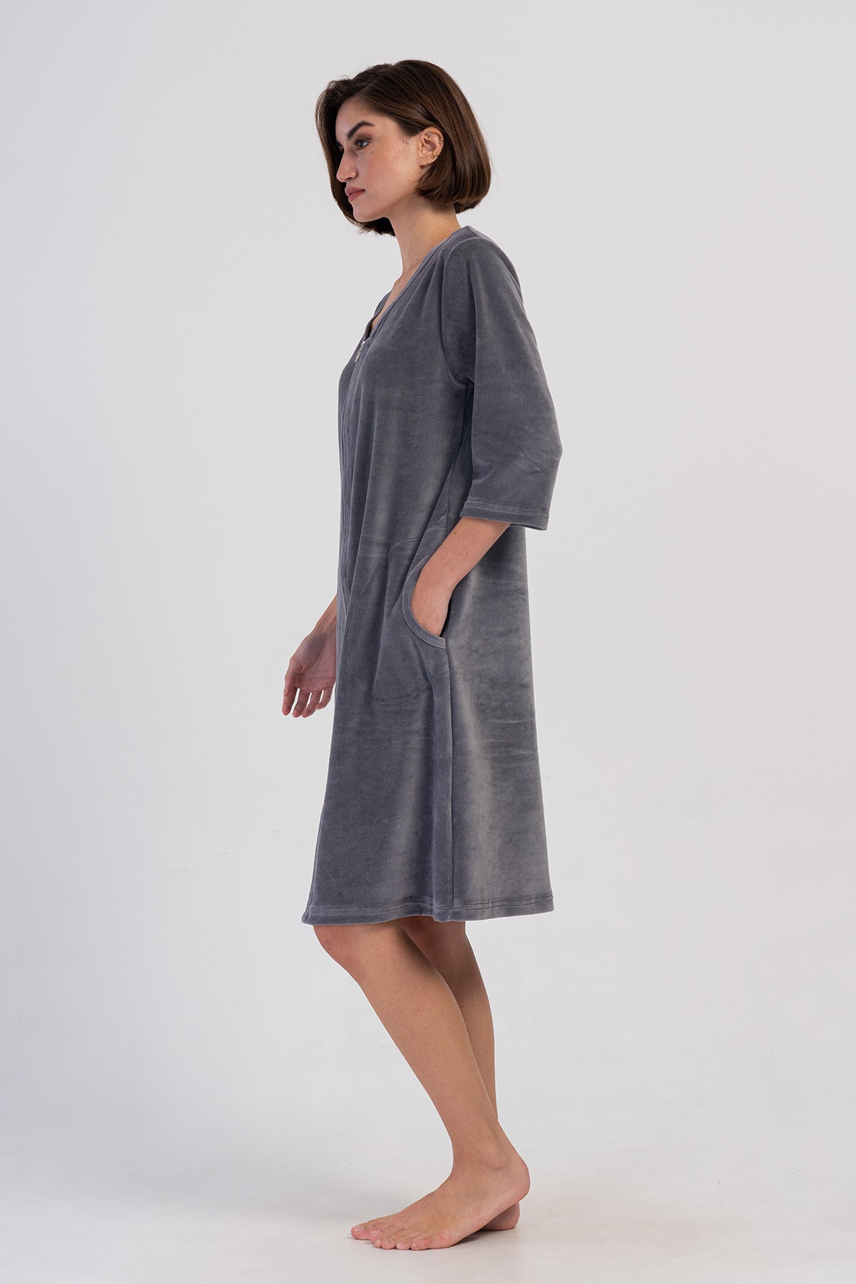 KADIN KADIFE FERMUARLI 3/4KOL CEPLI EV ELBISESI