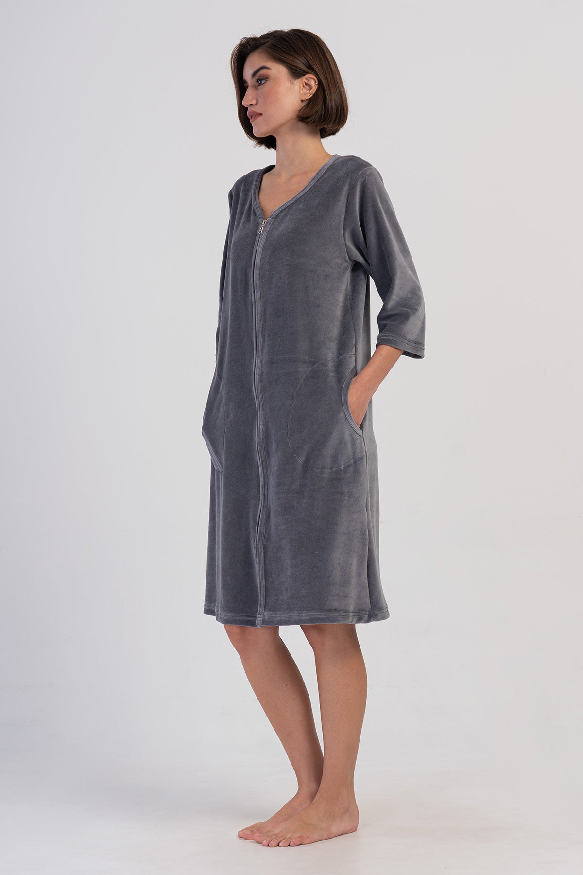 KADIN KADIFE FERMUARLI 3/4KOL CEPLI EV ELBISESI