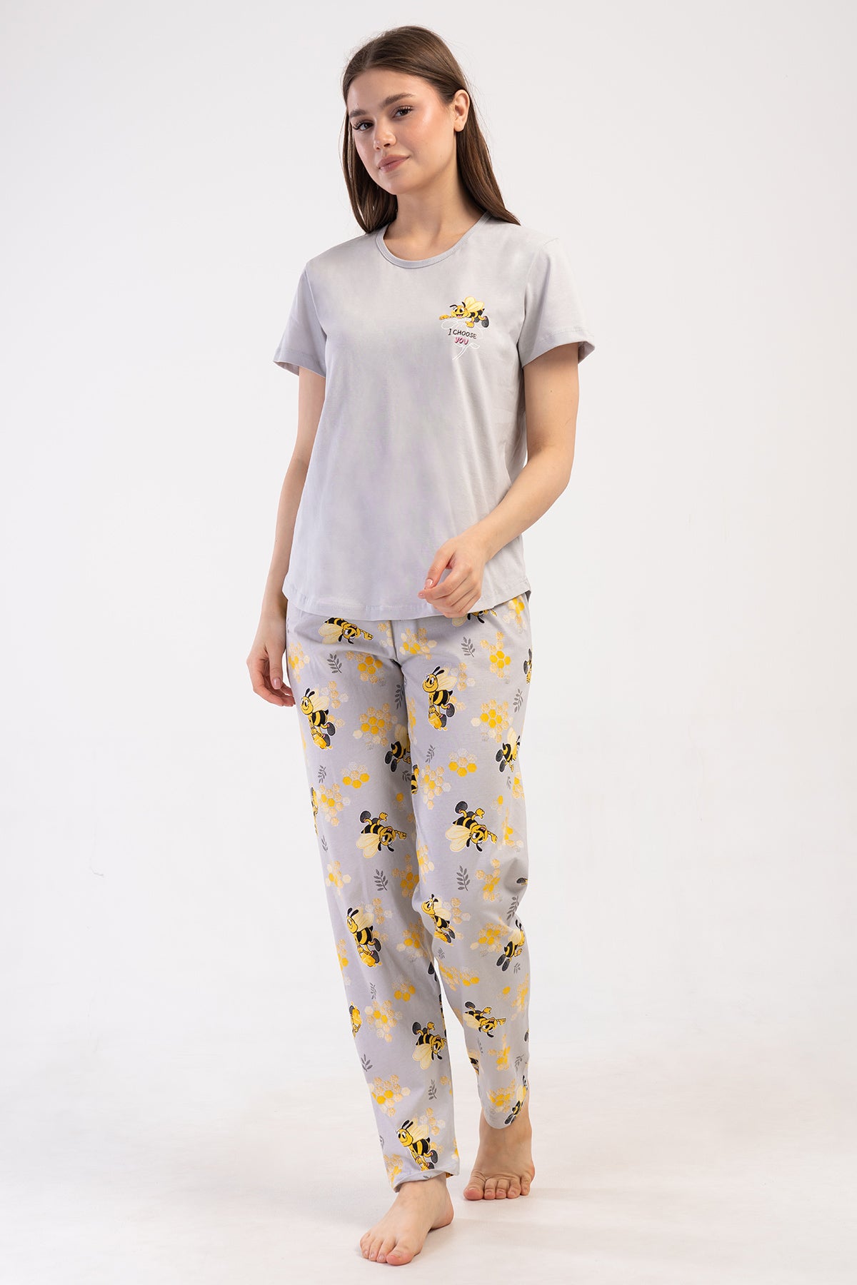 KADIN P.SUPREM O YAKA KISA KOL ETEGI OVAL PIJAMA TAKIM - GRI