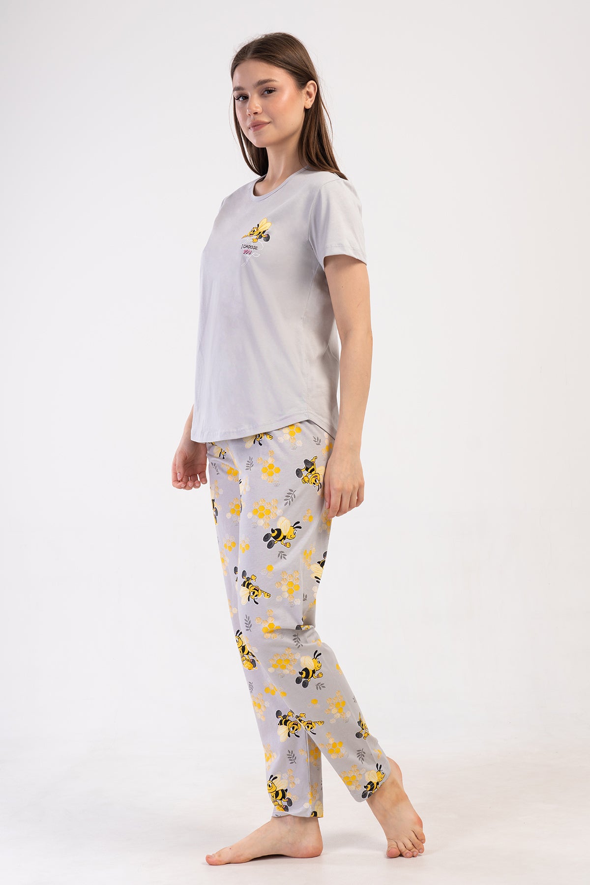 KADIN P.SUPREM O YAKA KISA KOL ETEGI OVAL PIJAMA TAKIM - GRI