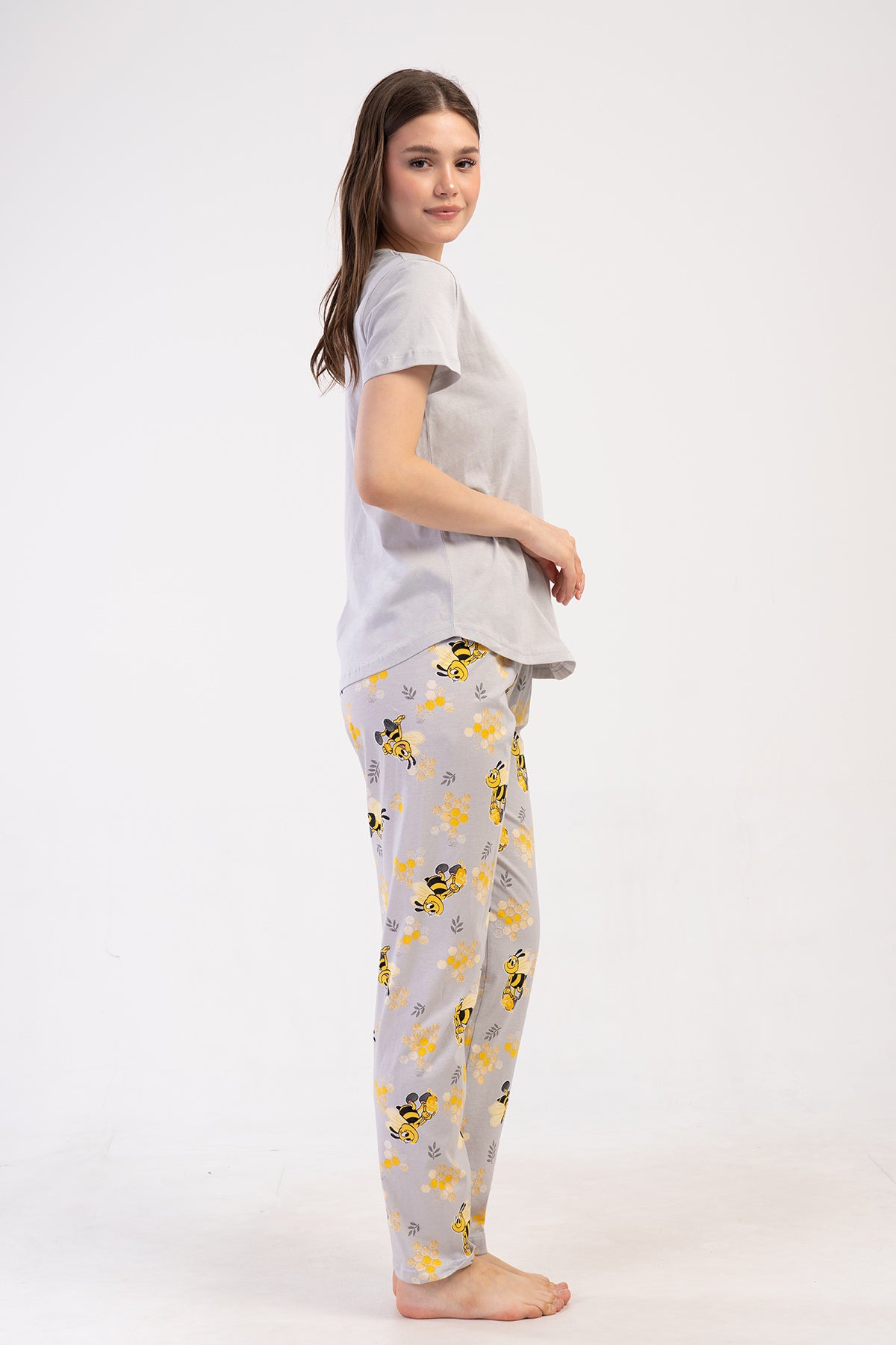 KADIN P.SUPREM O YAKA KISA KOL ETEGI OVAL PIJAMA TAKIM - GRI