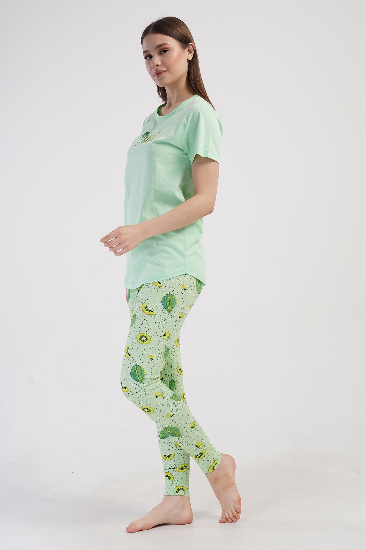 KADIN LYC SUPREM O YAKA KISA KOL BLUZU UZUN ETEGI OVAL MANSETLI TAYT PIJAMA TAKIM - CELADONGREEN