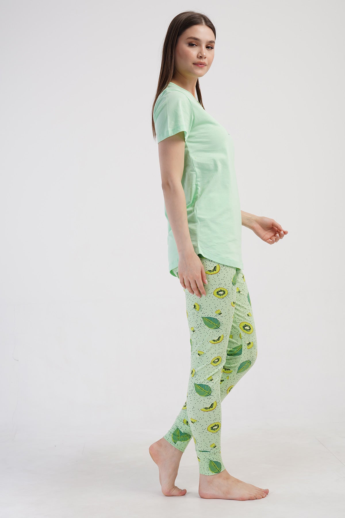 KADIN LYC SUPREM O YAKA KISA KOL BLUZU UZUN ETEGI OVAL MANSETLI TAYT PIJAMA TAKIM - CELADONGREEN