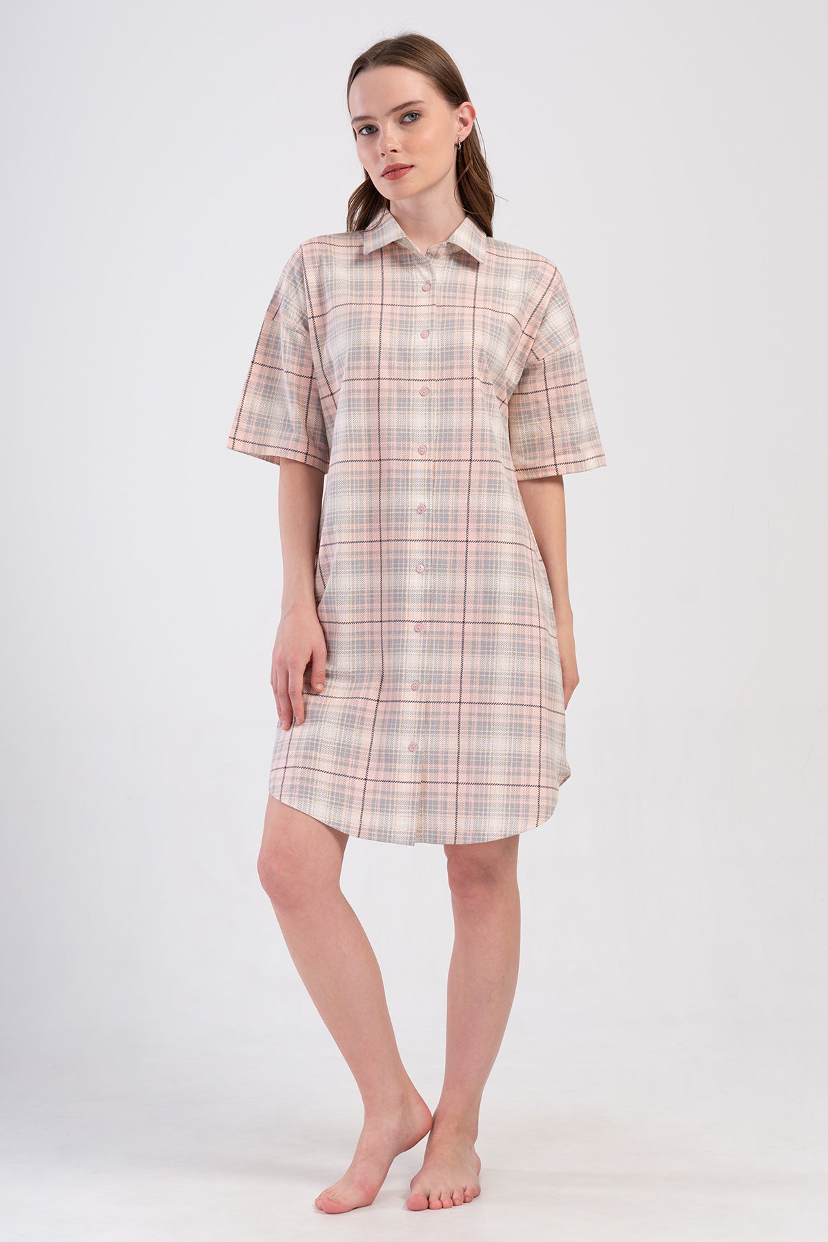 KADIN P.SUPREM DUSUK OMUZLU TAMAMI DUGMELI KISA KOL ETEGI OVAL GOMLEK TUNIK