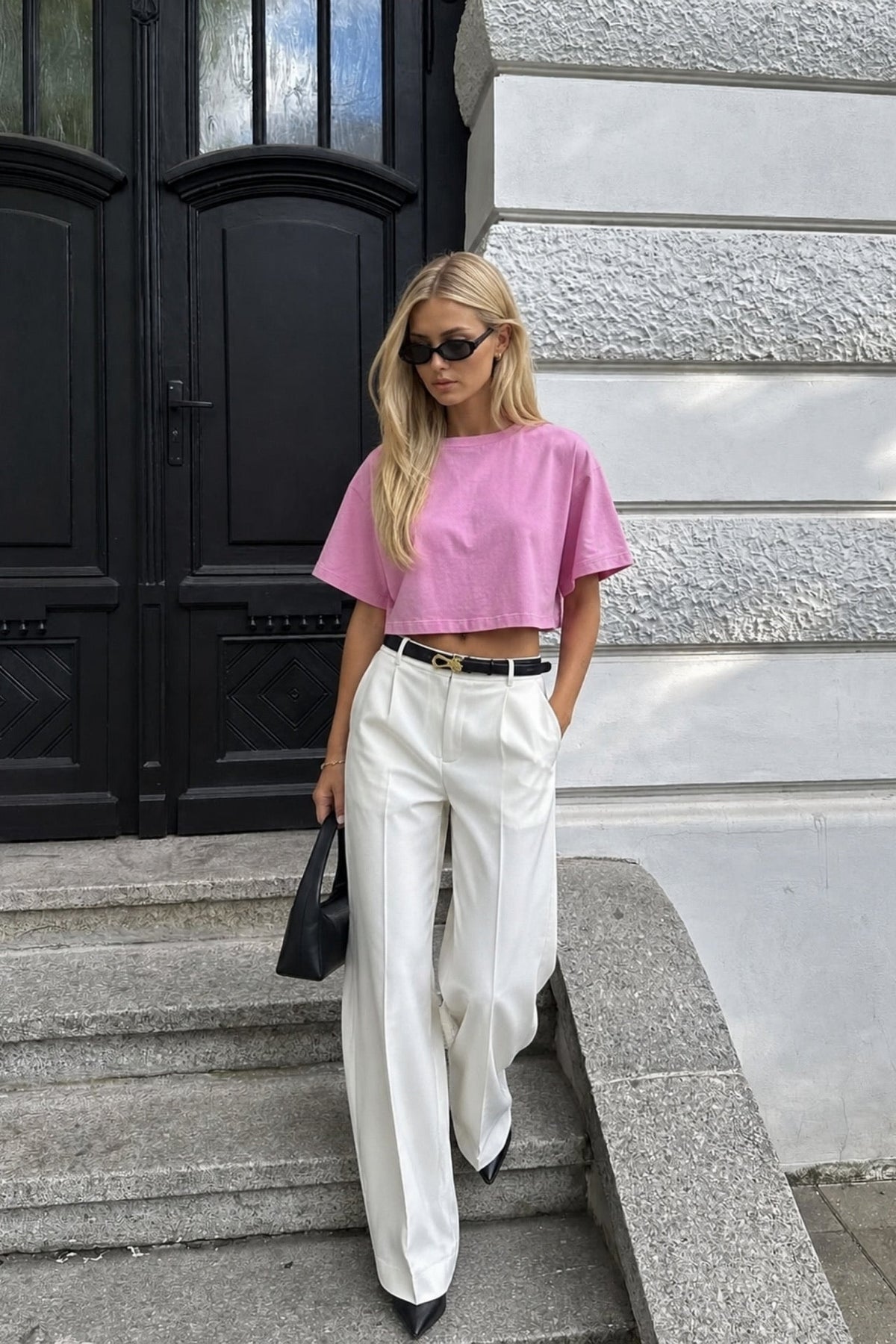 Yıkama Efektli Crop Tişört - Pembe