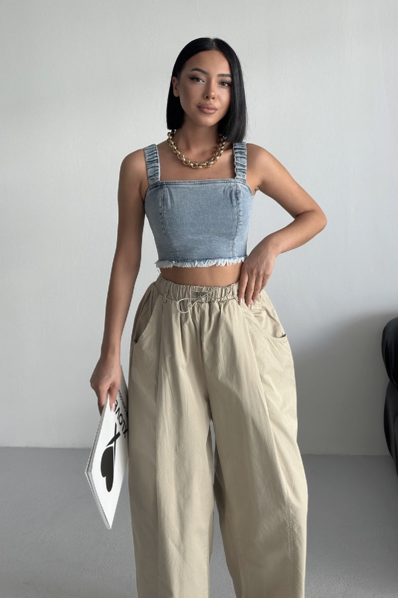Askılı Fermuarlı Kot Büstiyer - Kar Yıkama Açık Mavi - (S-XL-6) - 4