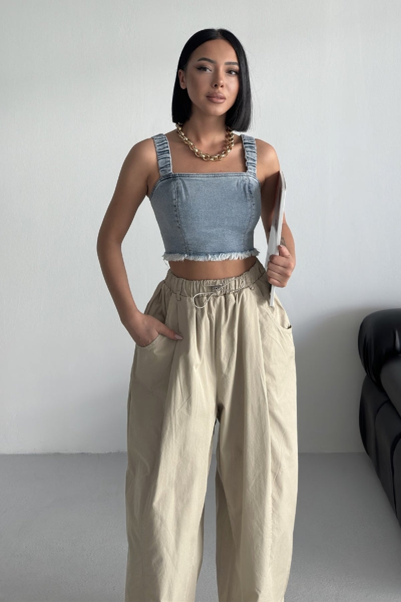 Askılı Fermuarlı Kot Büstiyer - Kar Yıkama Açık Mavi - (S-XL-6) - 5