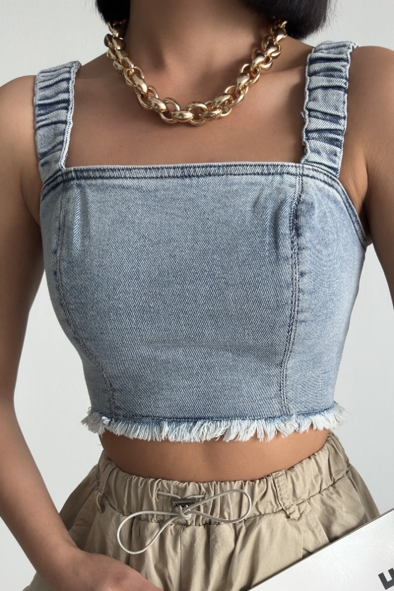 Askılı Fermuarlı Kot Büstiyer - Kar Yıkama Açık Mavi - (S-XL-6) - 6