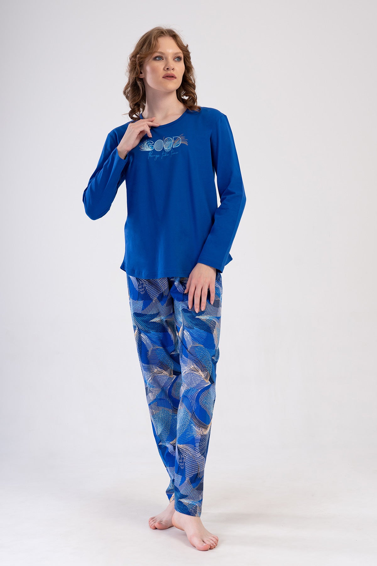 KADIN P.SUPREM XXL O YAKA UZUN KOL ETEGI OVAL PIJAMA TAKIM - SAX